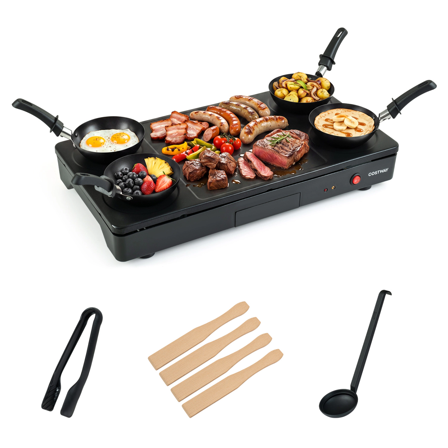 LJG 1000W Electric Grill Griddle with 4 Nonstick Woks and Wooden Spatulas for Pancakes