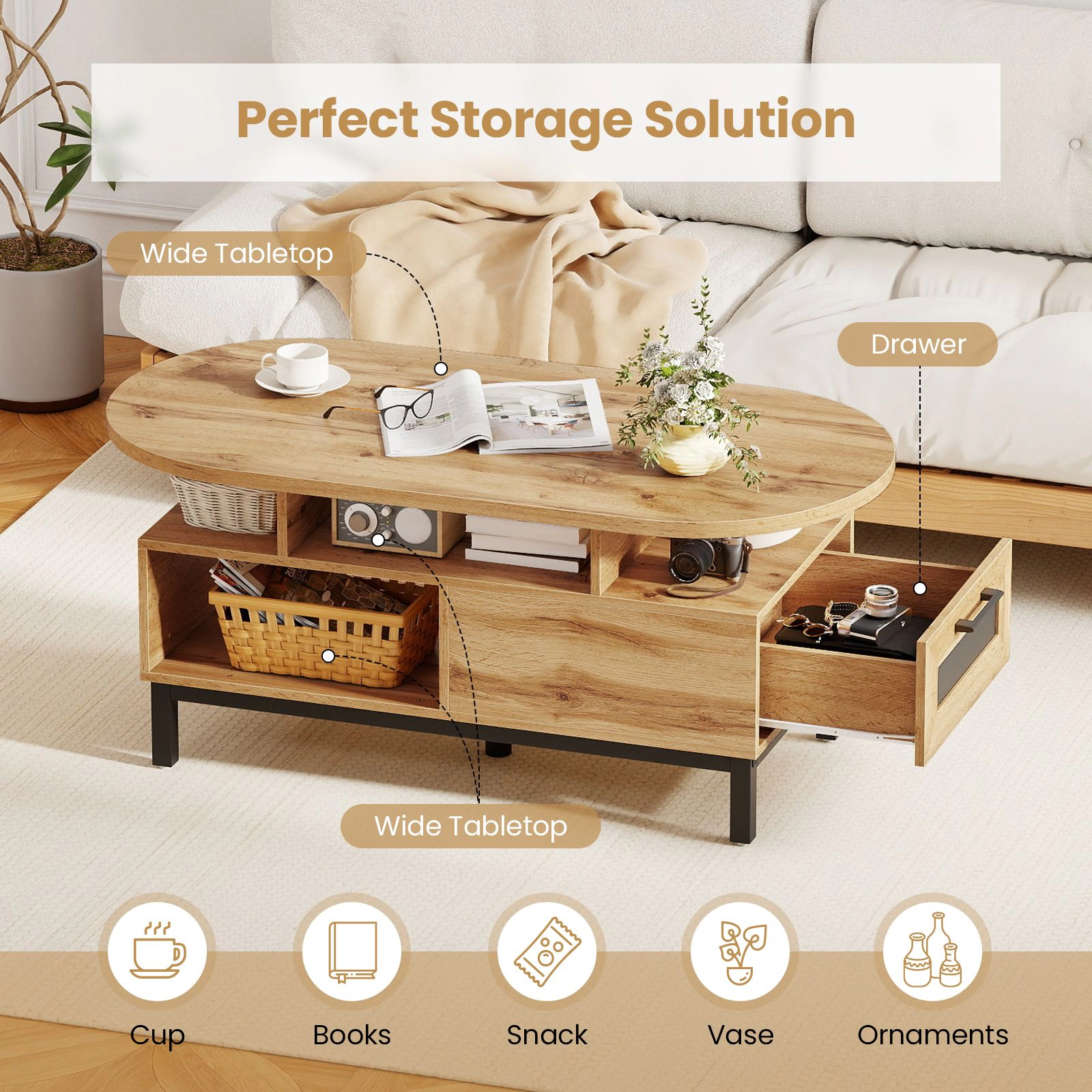 SlickBlue Modern Oval Center Table with Hidden Drawer Storage