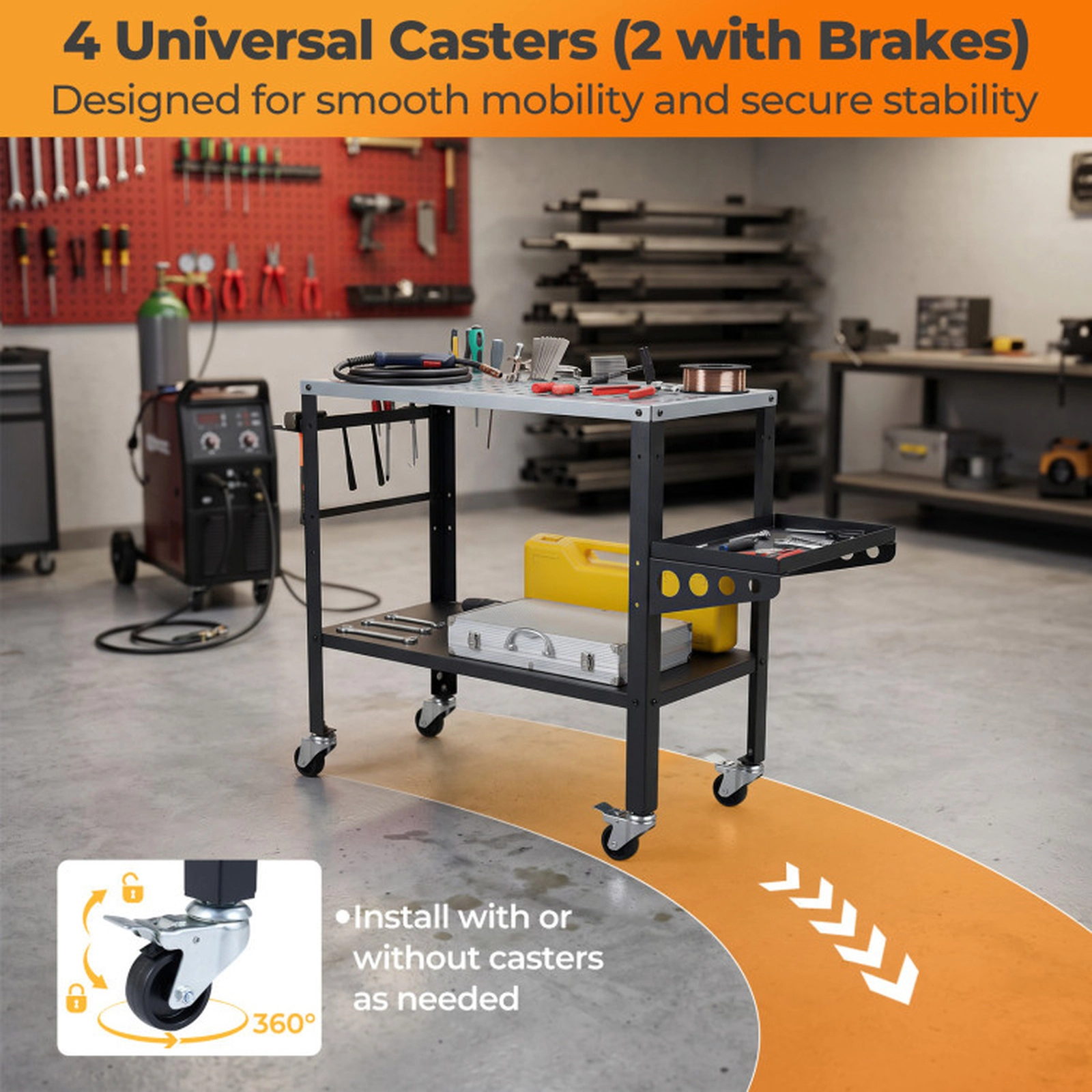 SUGIFT 144 Fixture Holes Lockable Wheels Steel Welding Table 36-in x 18-in Tabletop 1200-lb Capacity 51-in Long Silver