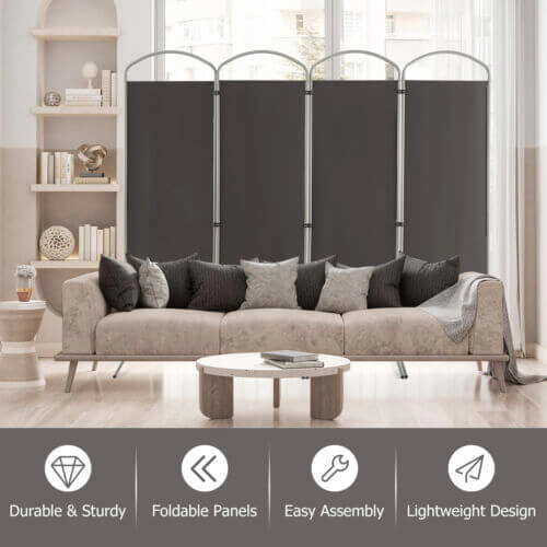 SUGIFT Gray 4-Panel Folding Room Divider Partition Screen with Curved Base and 87-in by 74-in Coverage