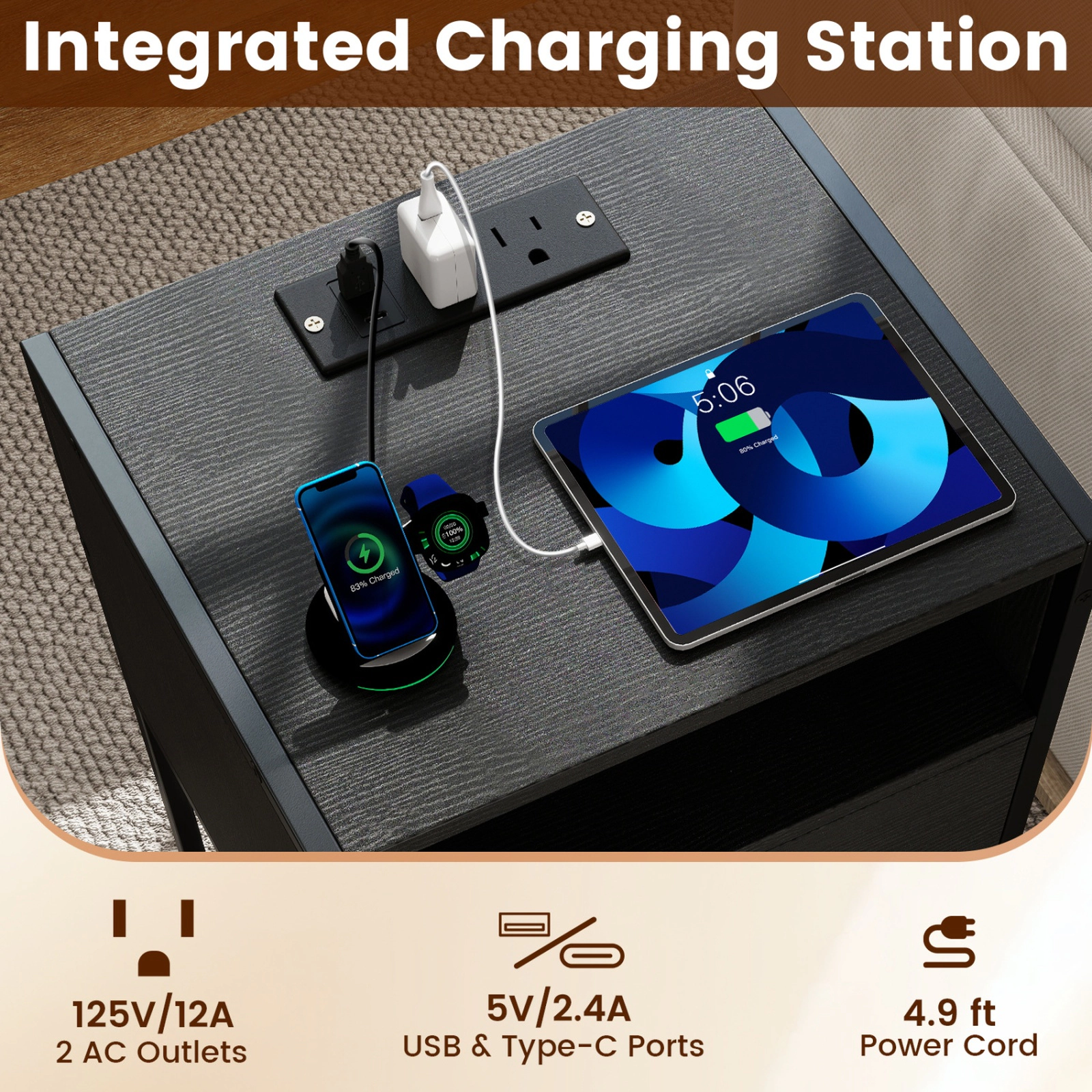 SUGIFT Integrated Charging Station Nightstand Bedside Table 66-lb Top Capacity Engineered Wood and Carbon Steel Black