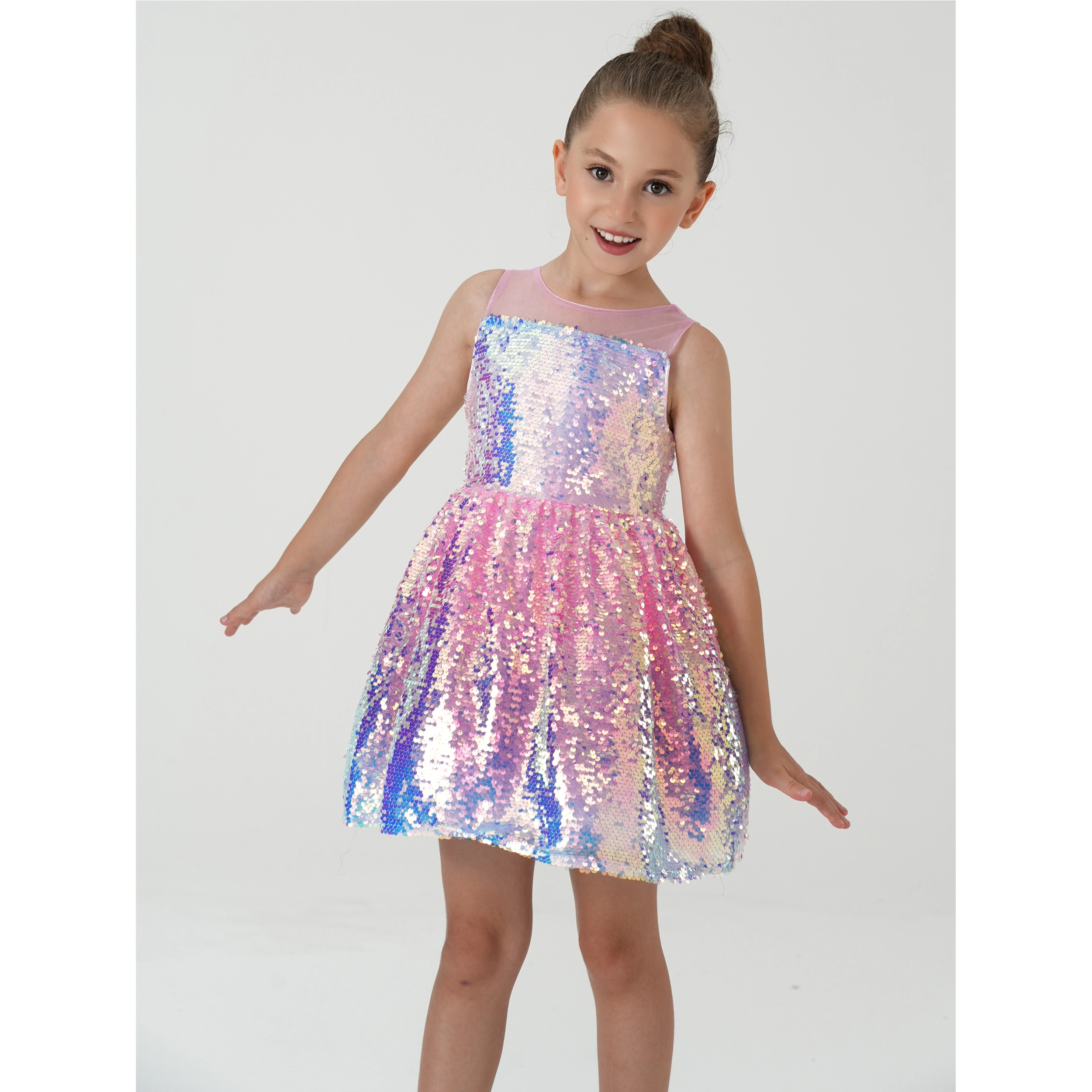2Bunnies Girls' Ombre Sequin Illusion Neckline Sleeveless Dress
