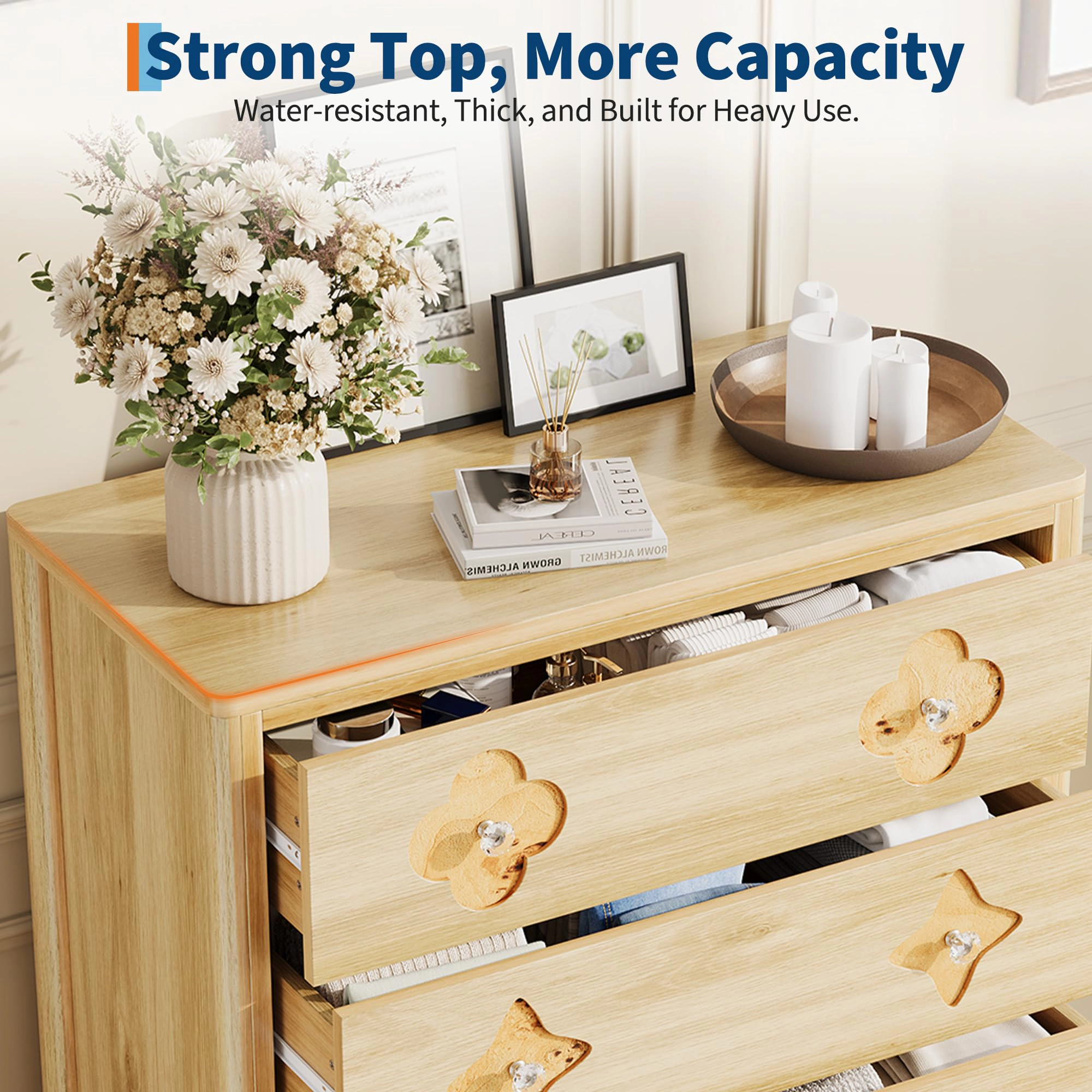 46.1" Tall 5 Drawer Wood Dresser with Decorative Fronts & Crystal Knobs, Narrow Storage Chest