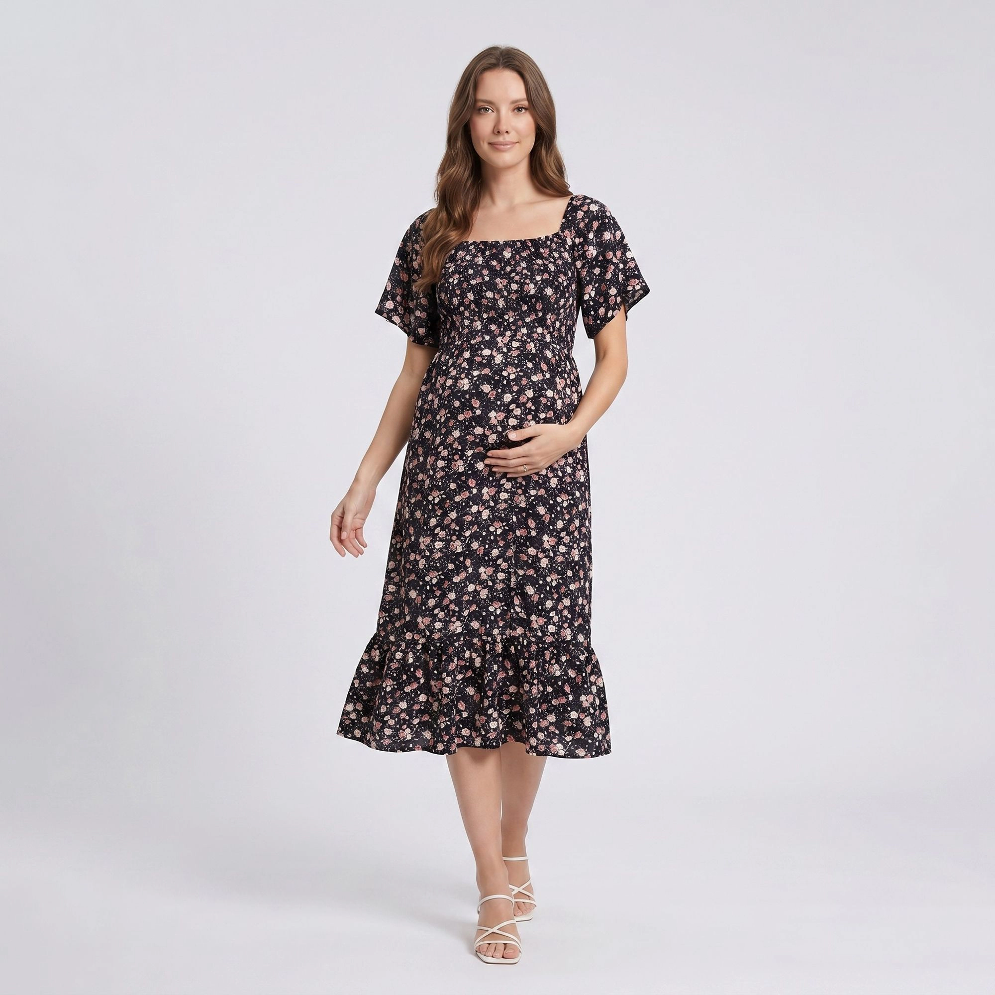Anna-Kaci Women's Maternity Floral Square Neck Short Sleeve Ruffle Hem Midi Dress