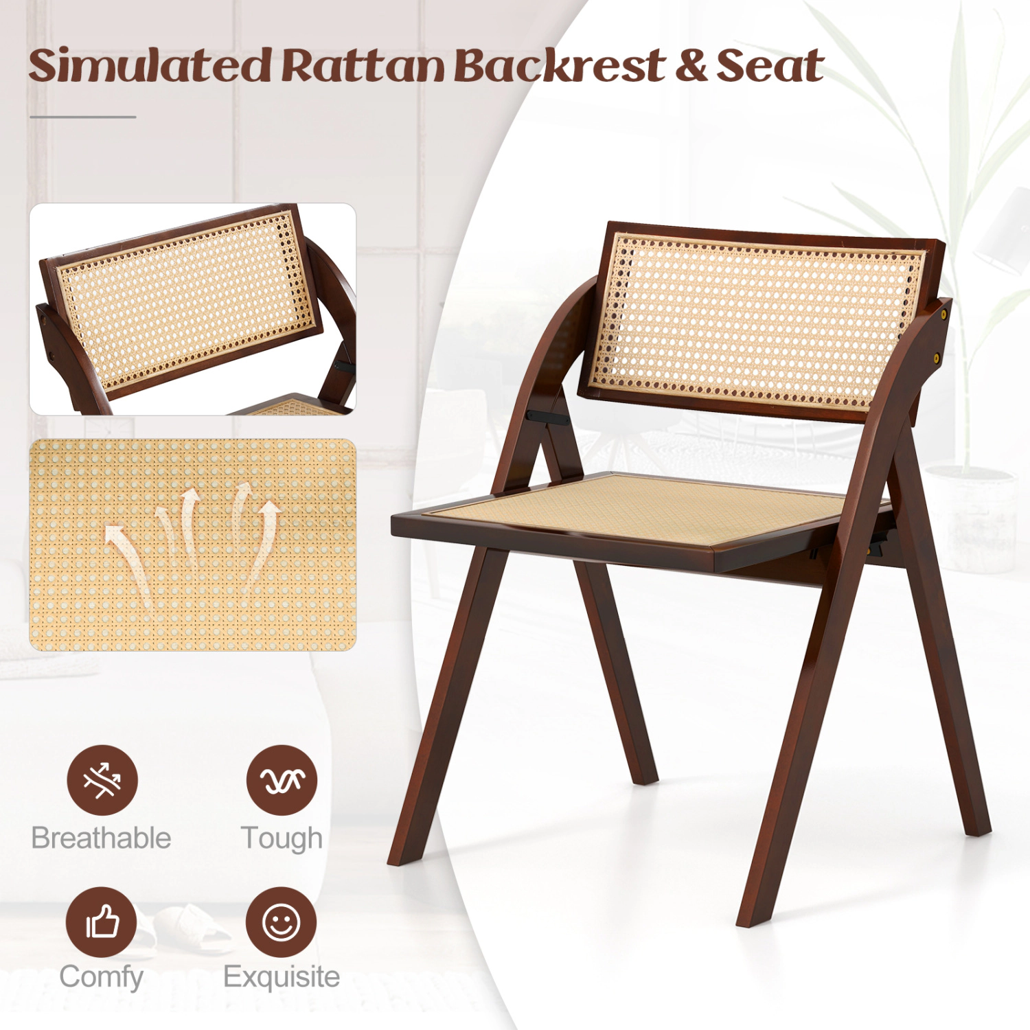 LJG Set of 4 Foldable Dining Chairs with Woven Rattan Backrest