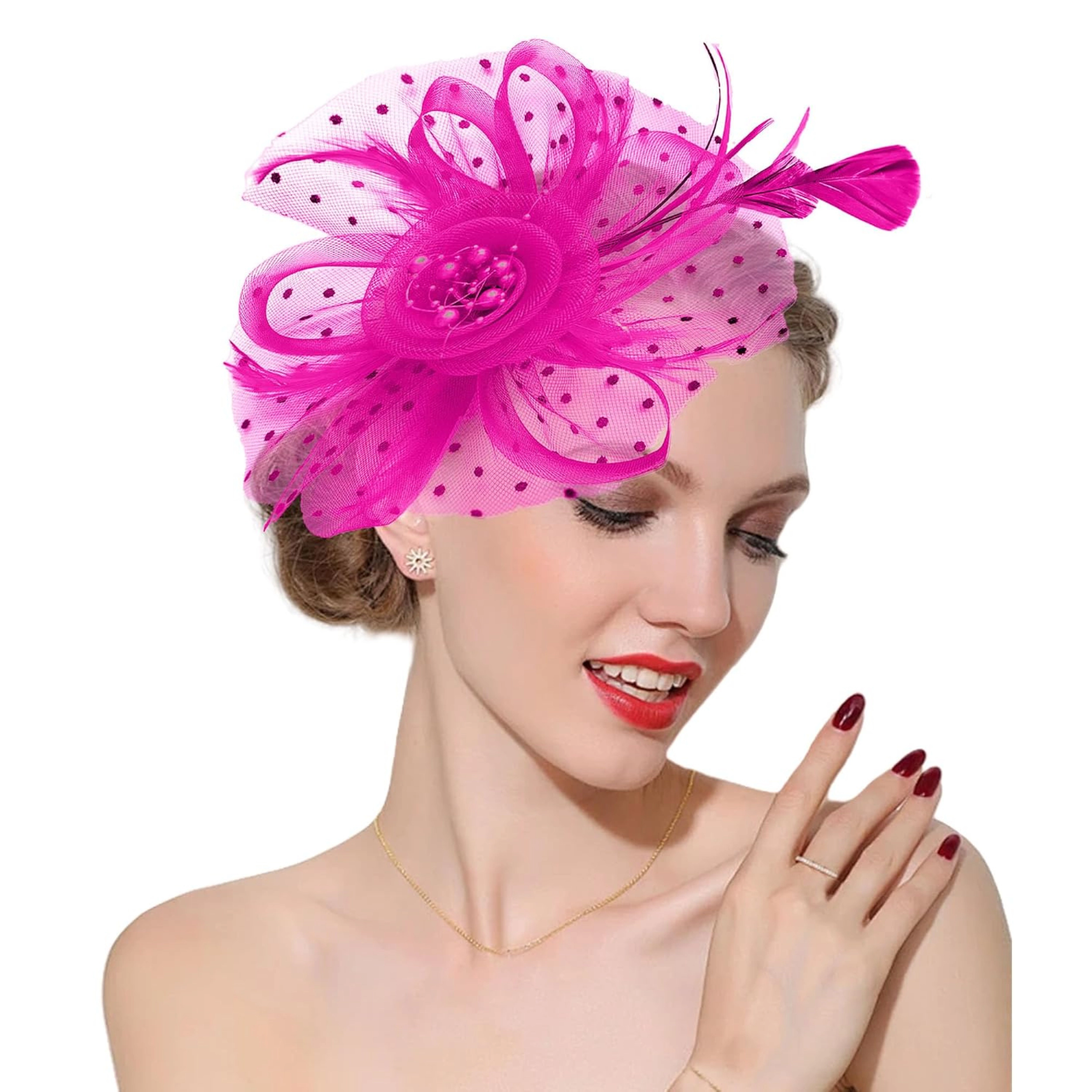 SS Design Rose Red Pillbox Fascinator Hat with Veil for Women