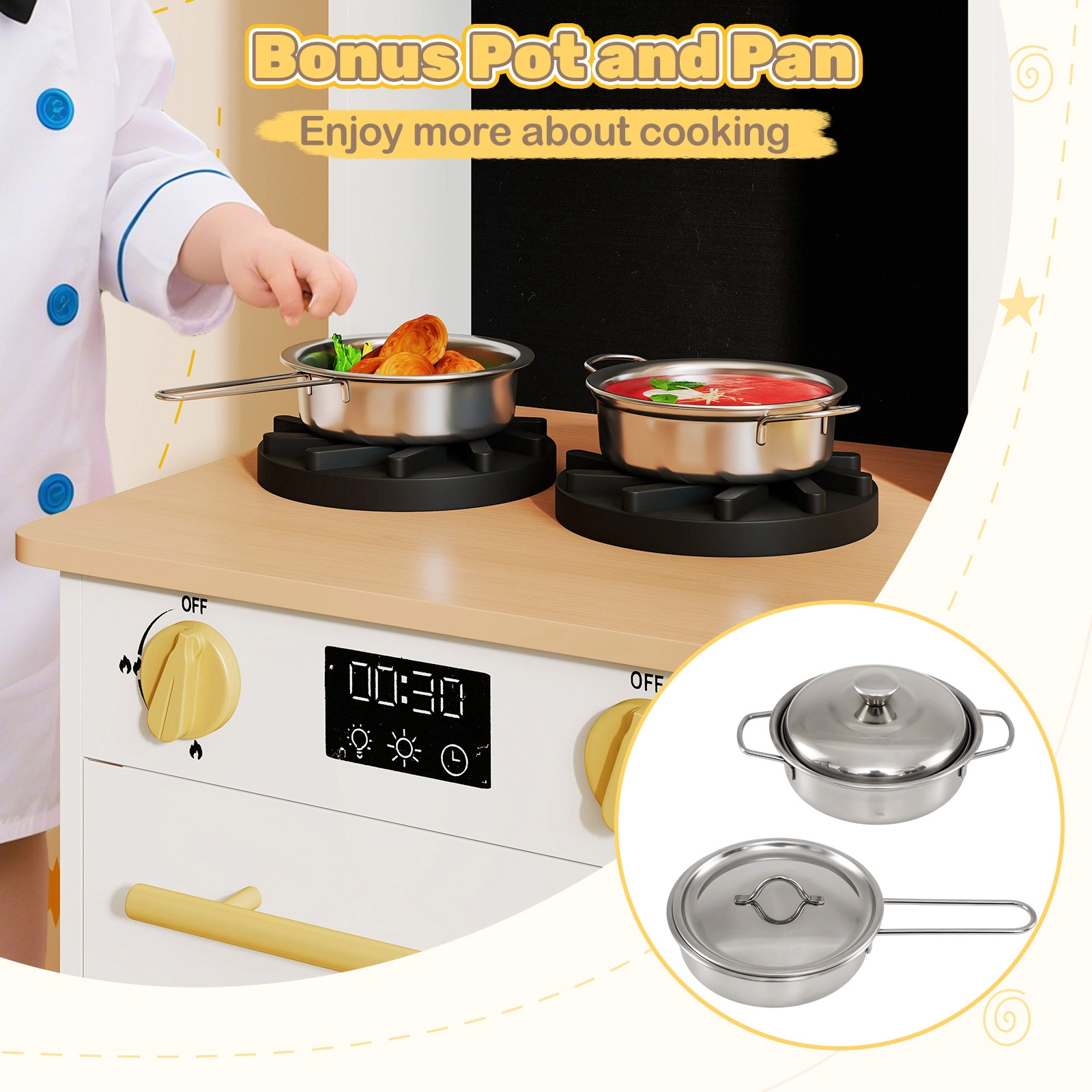 SUGIFT Kids Wooden Kitchen Playset with 2 Stoves Sound Light Ages 3+ Years White and Natural with Fabric Drawers