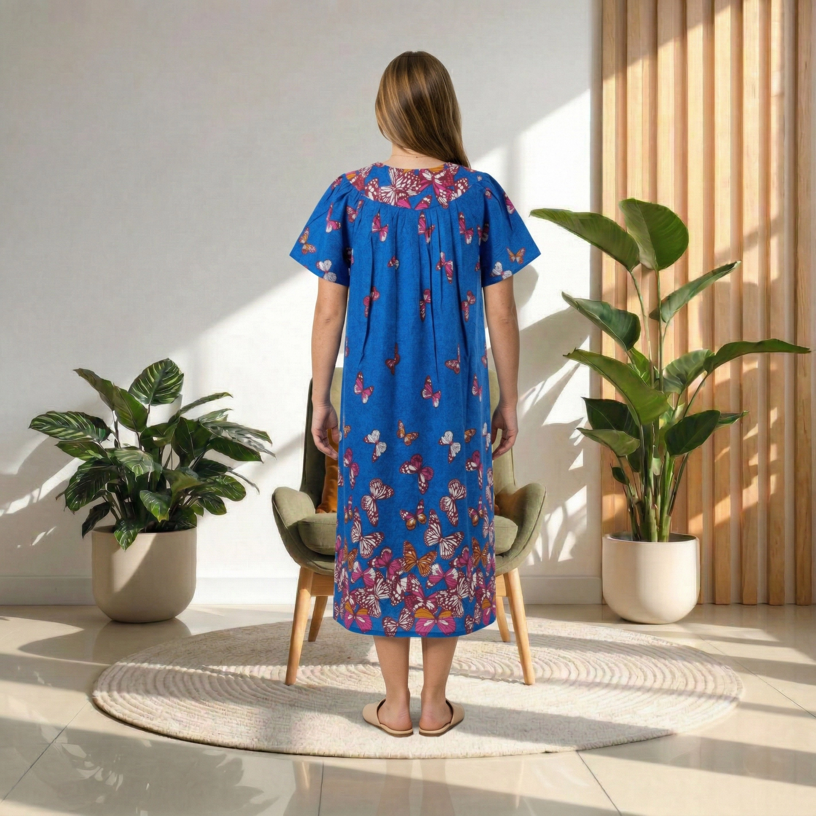 Loungees Border Print Cotton Lounge Dress House Caftan V-Neck Yoke Short Sleeve