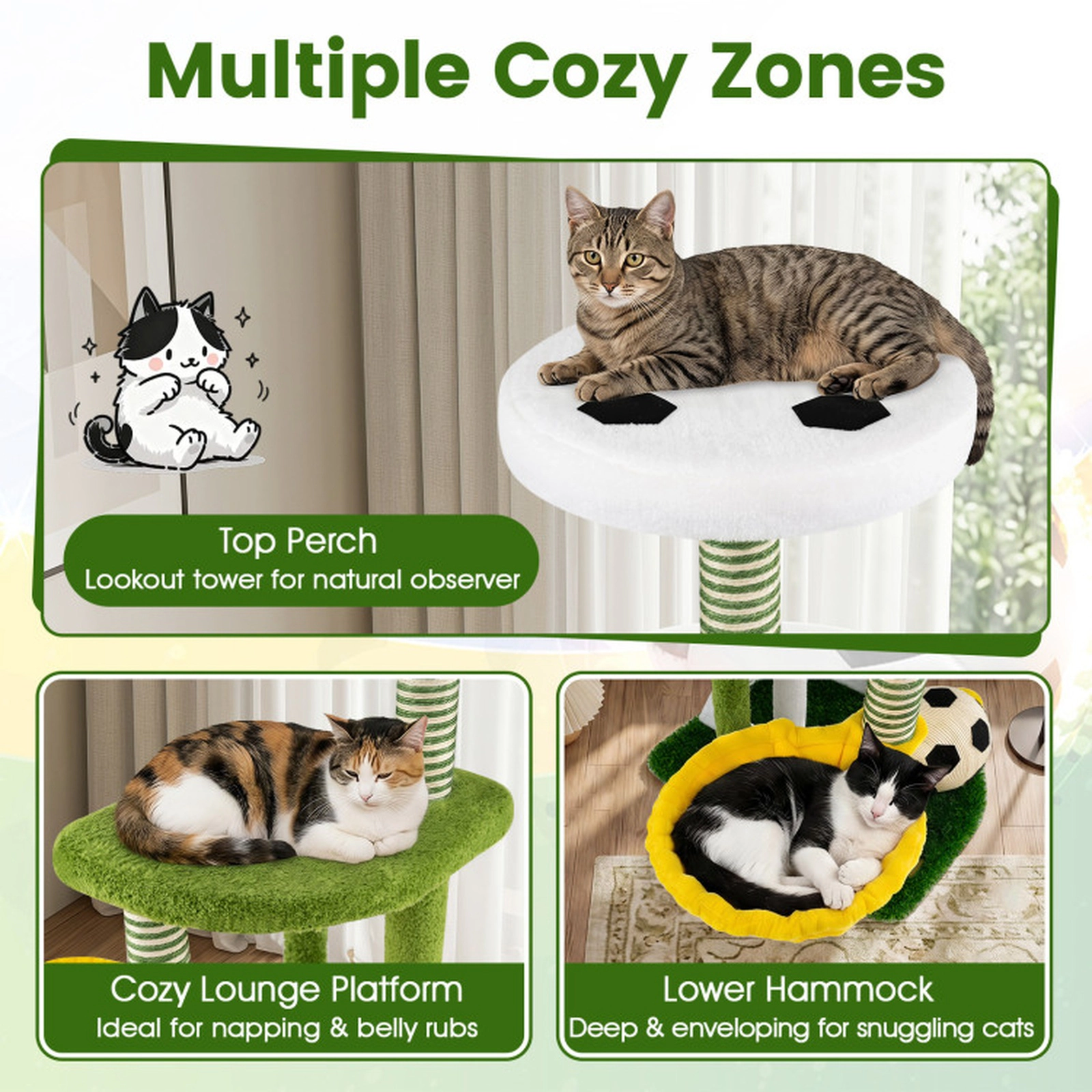 SUGIFT Modern Indoor Multi-Level Cat Tree Tower with Perches & Hammock 22-lb Platforms 11-lb Hammock Green Yellow White