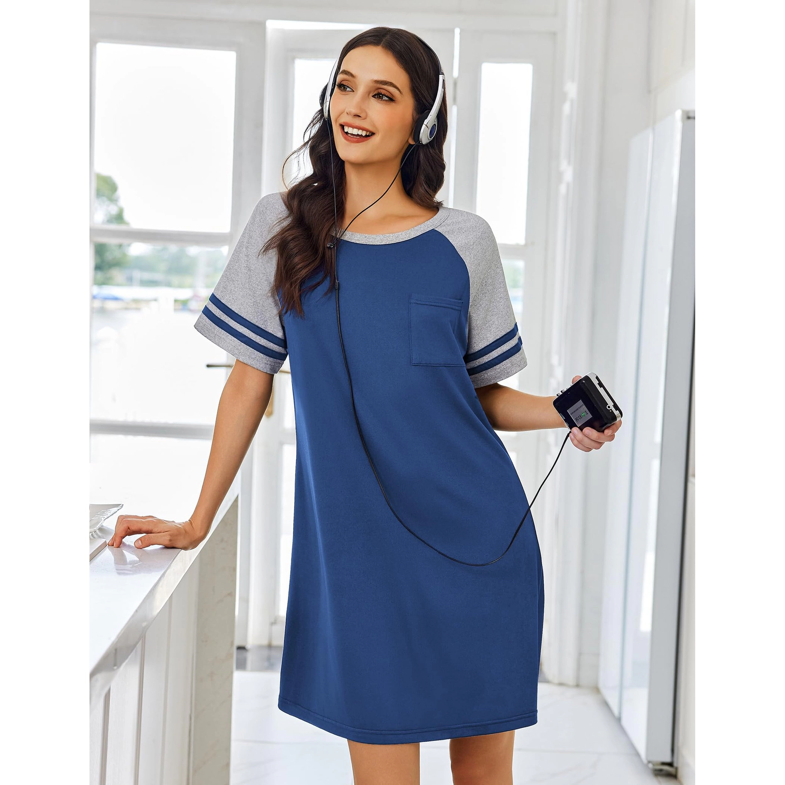 Ekouaer Women's Crew Neck Raglan Short Sleeve Pocket T-Shirt Dress