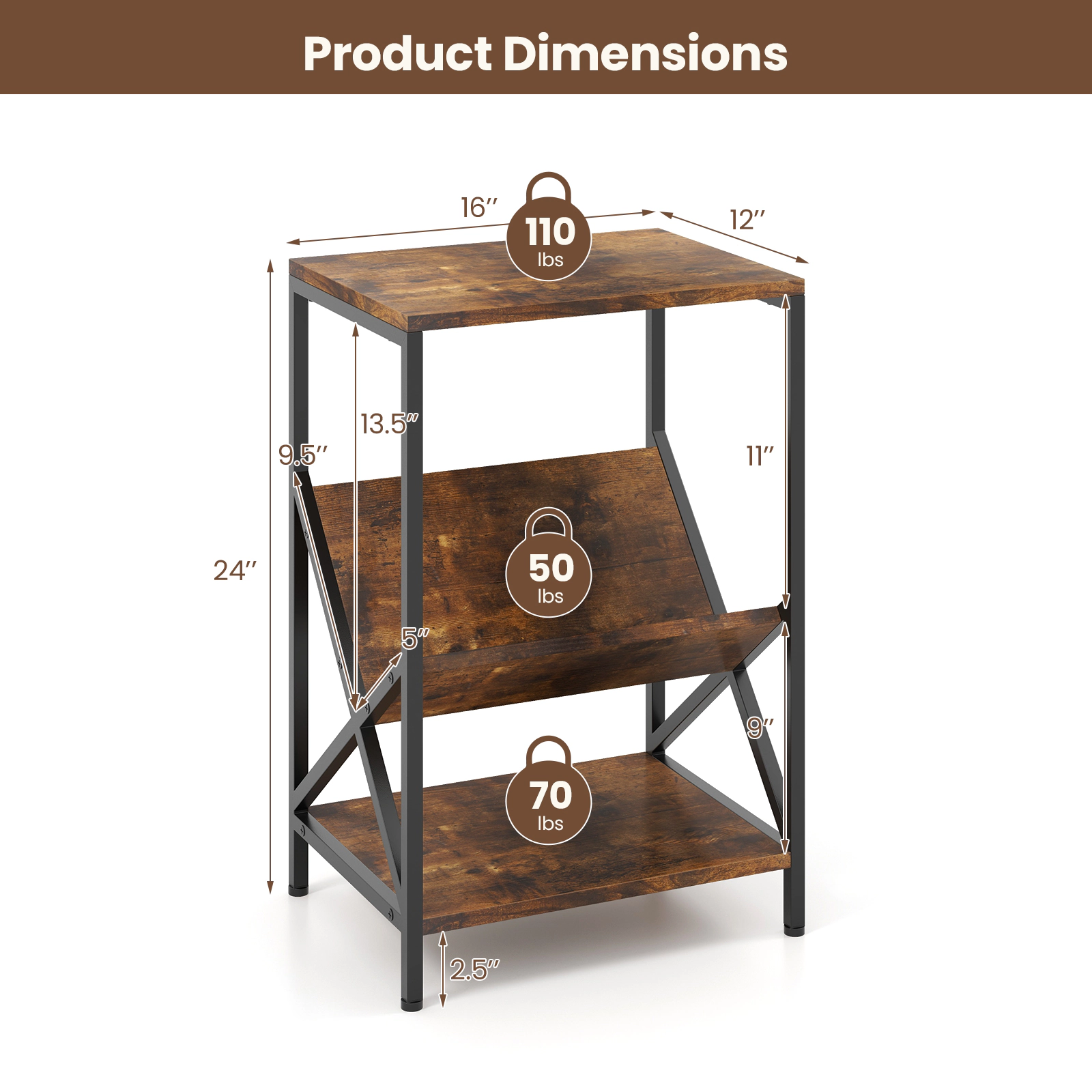 Glintex 3-Tier Industrial Side Table with V-Shaped Magazine Rack and Steel Frame, Rustic Brown
