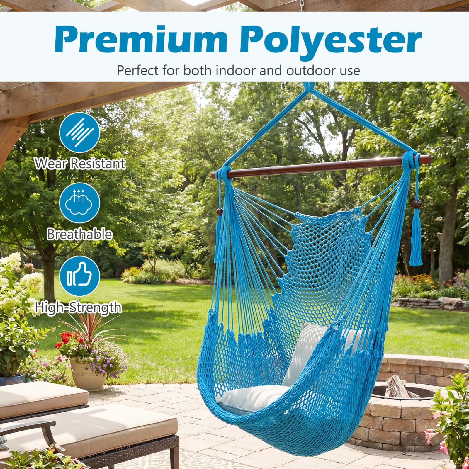 SUGIFT Blue Woven Rope Hanging Hammock Swing Chair, 330 lb Capacity