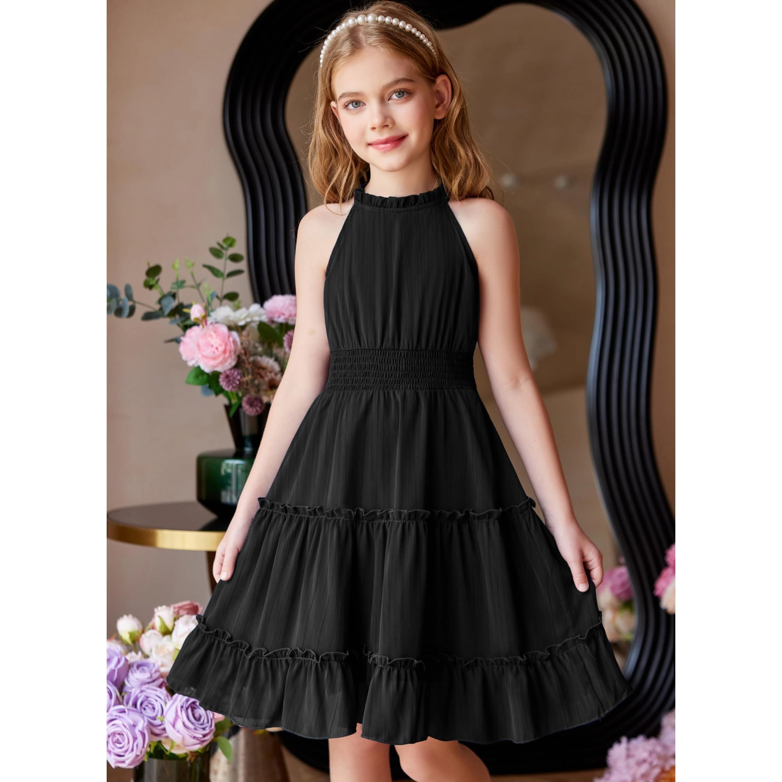 Arshiner Girls Halter Neck Sleeveless Smocked Tiered Flowy Summer Dress