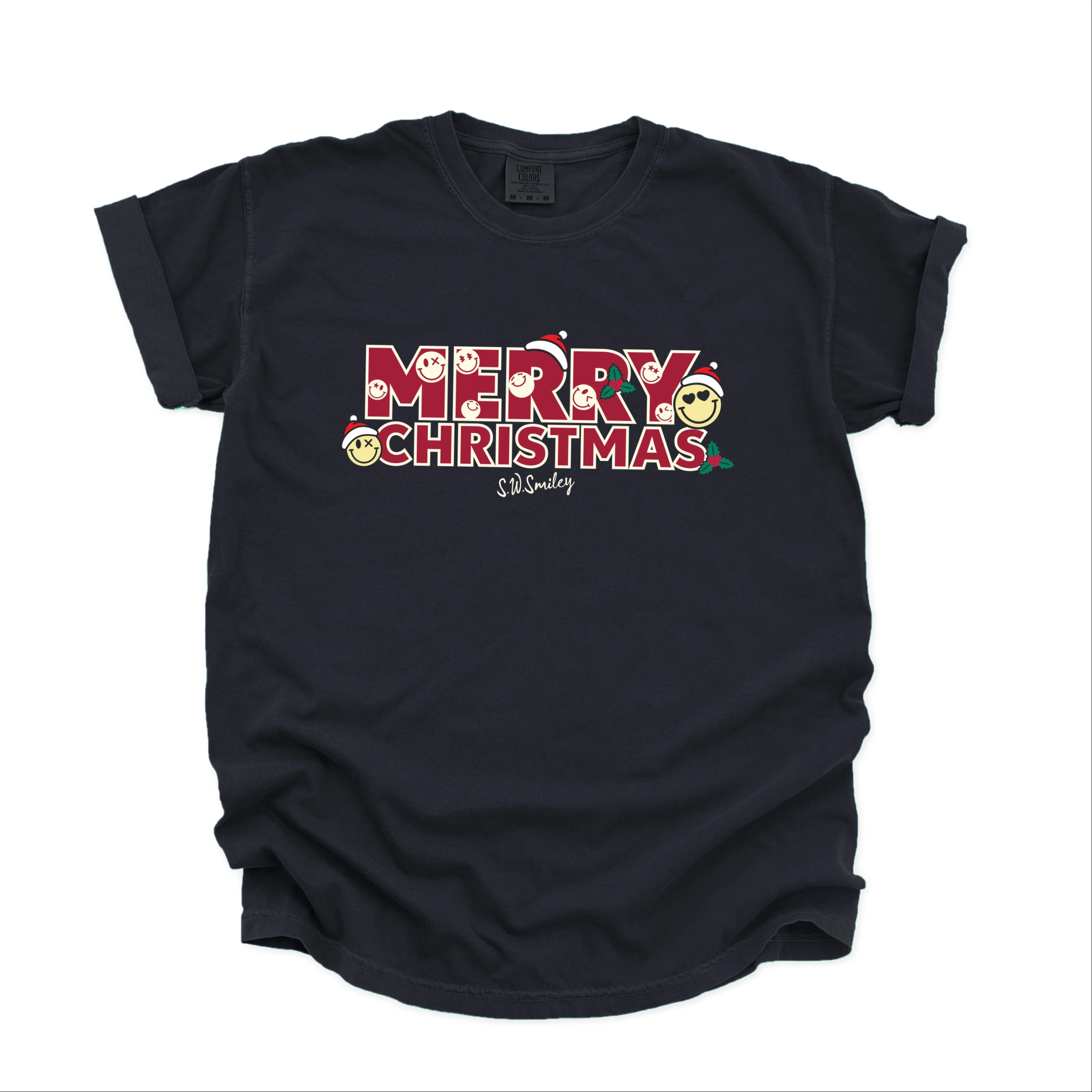 Simply Sage Market - Women's Garment Dyed Graphic T-Shirt S.W.Smiley Merry Christmas Stacked
