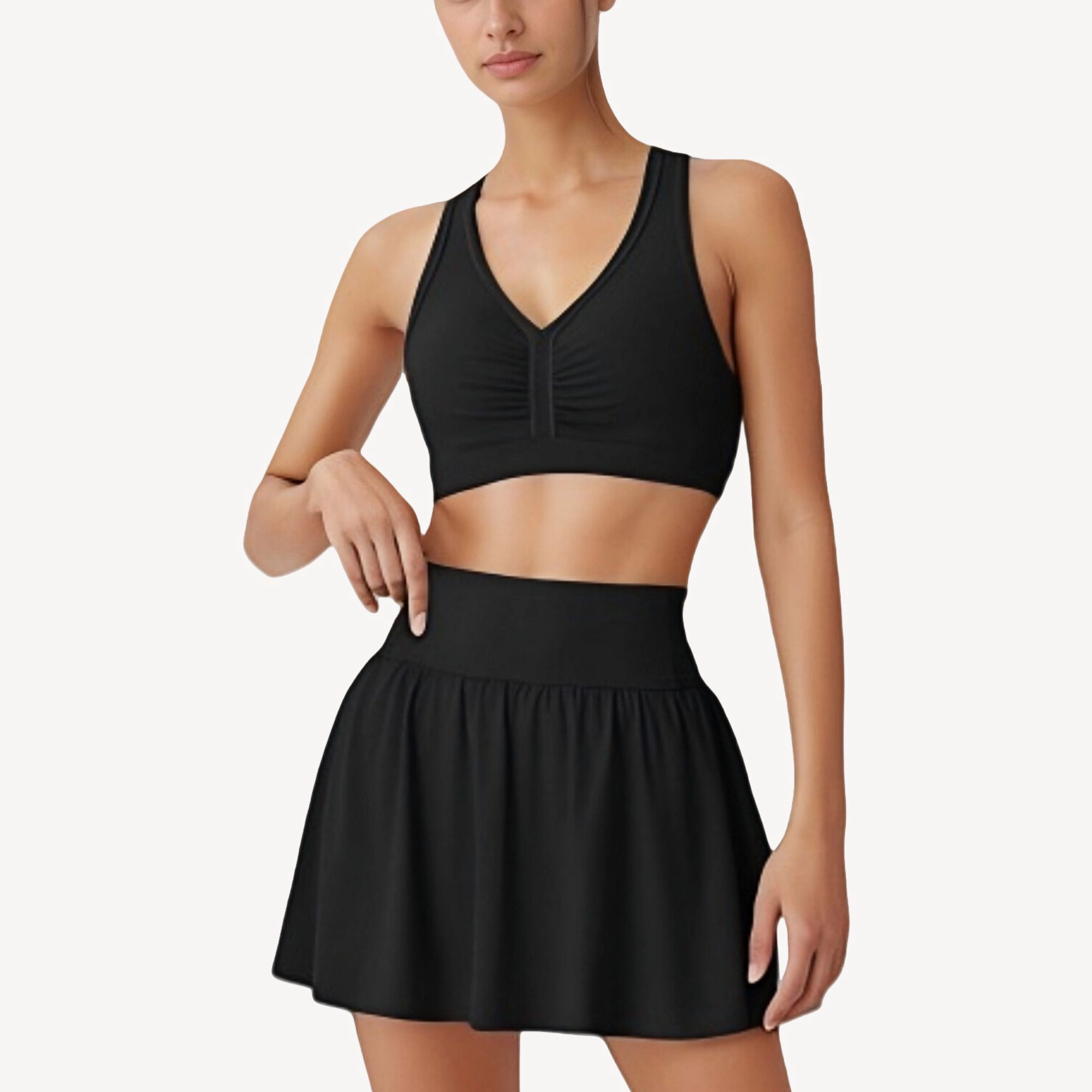 Anna-Kaci Women's Two-Piece Activewear Set with V-Neck Ruched Sports Bra and High Waist Flare Skirt