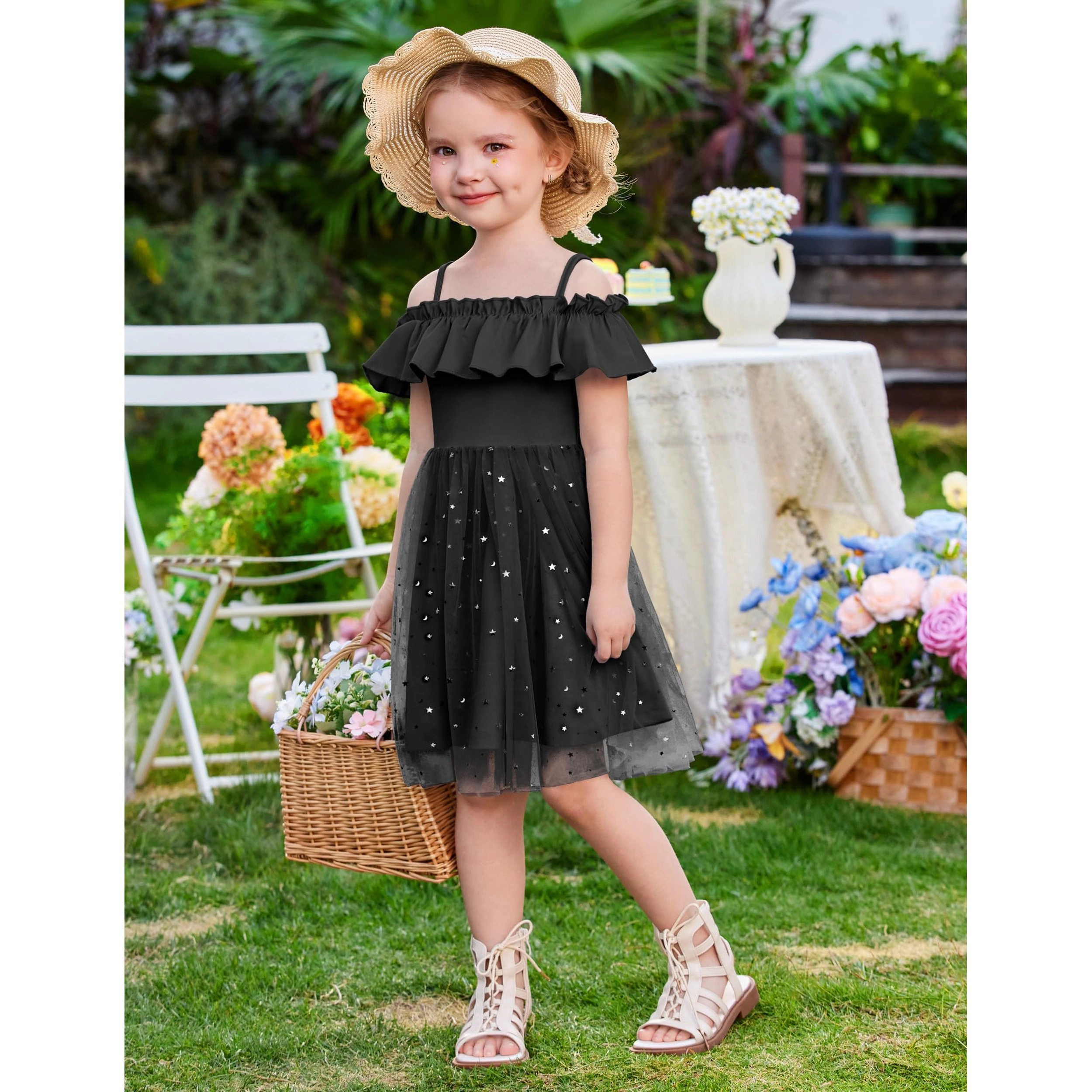 Arshiner Toddler Girl Tulle Dress Glitter Dresses Cold Shoulder Flutter Formal Birthday