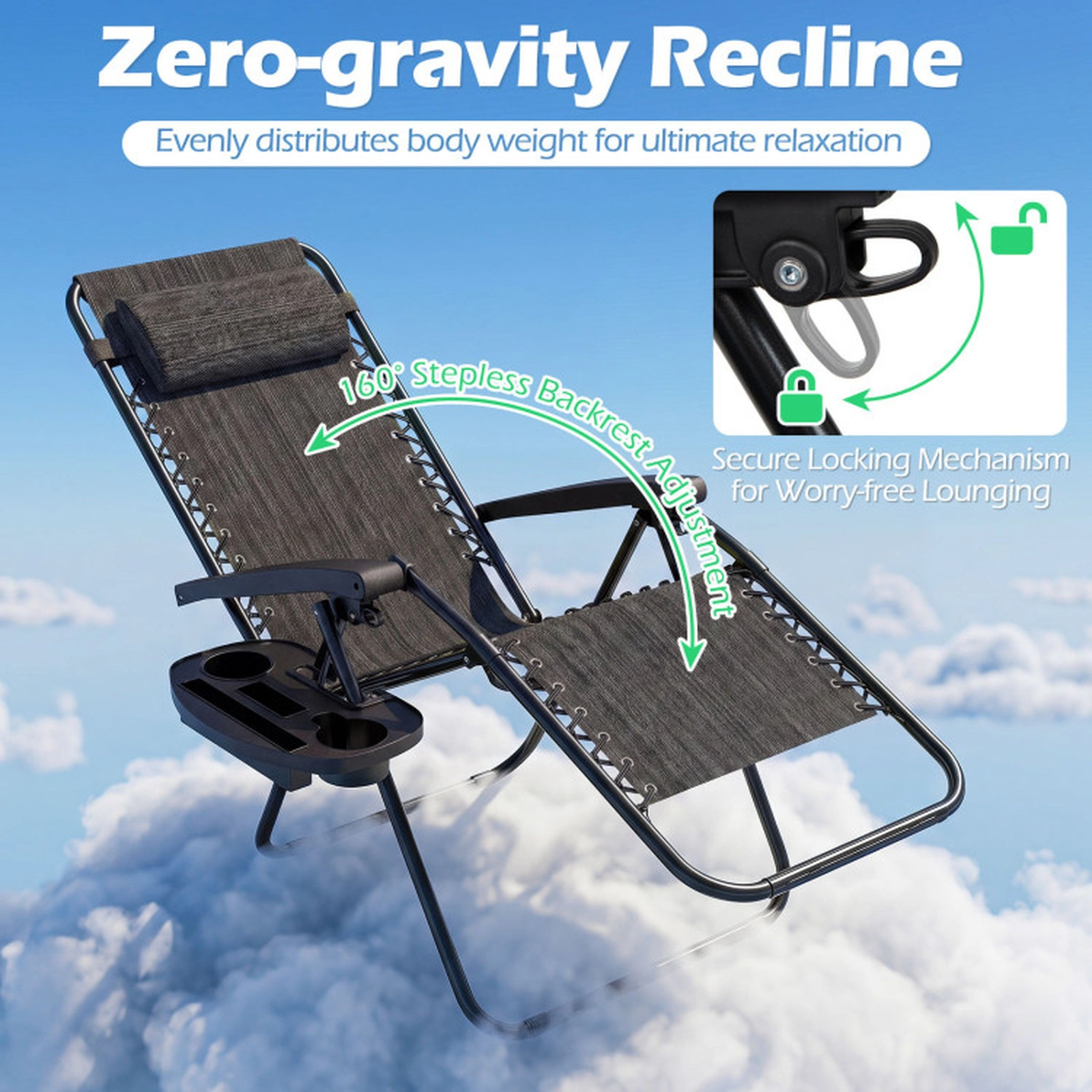 SUGIFT Portable Zero Gravity Folding Recliner Chair with Side Tray 250-lb Capacity Gray