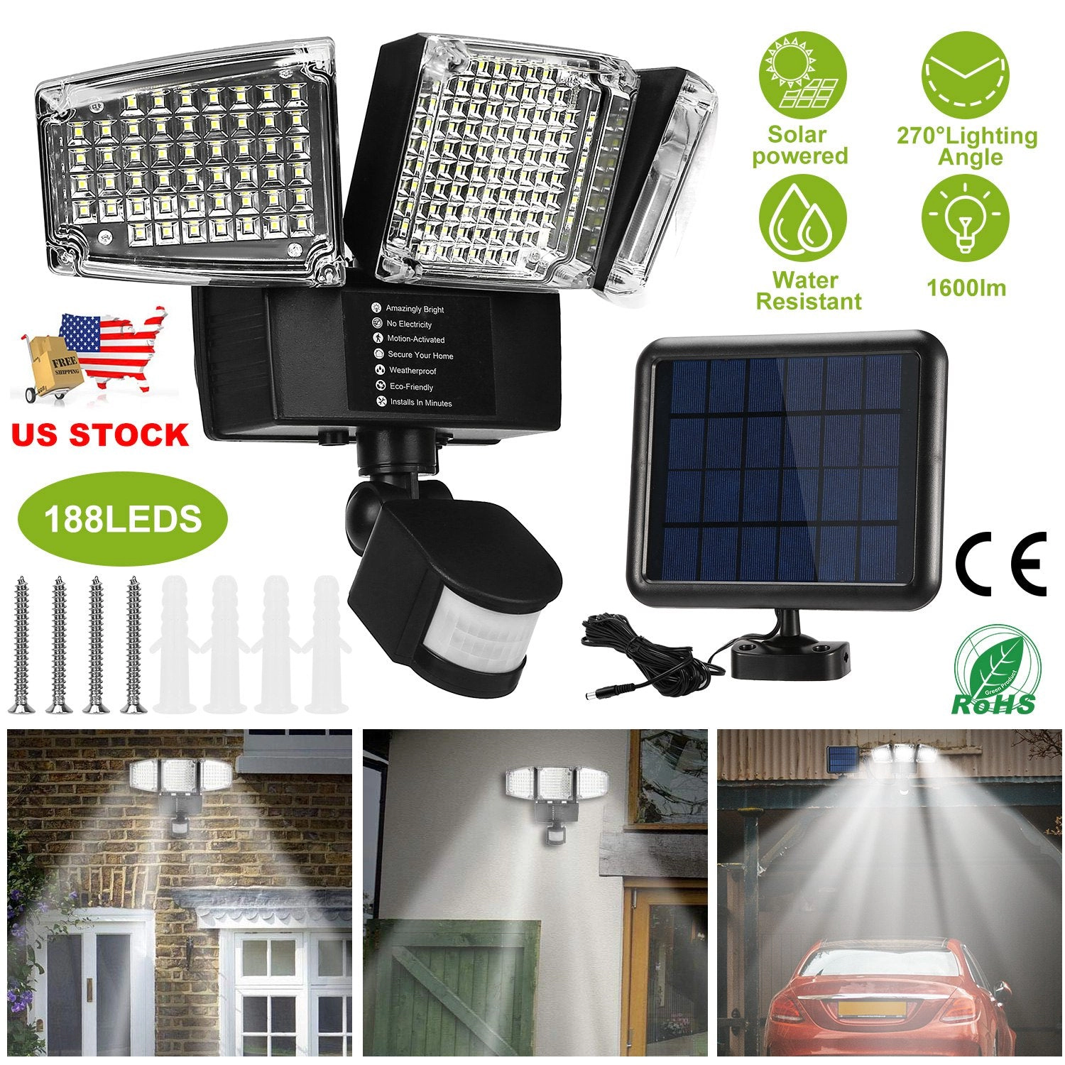 GBruno 188-LED Solar Motion Sensor Security Light
