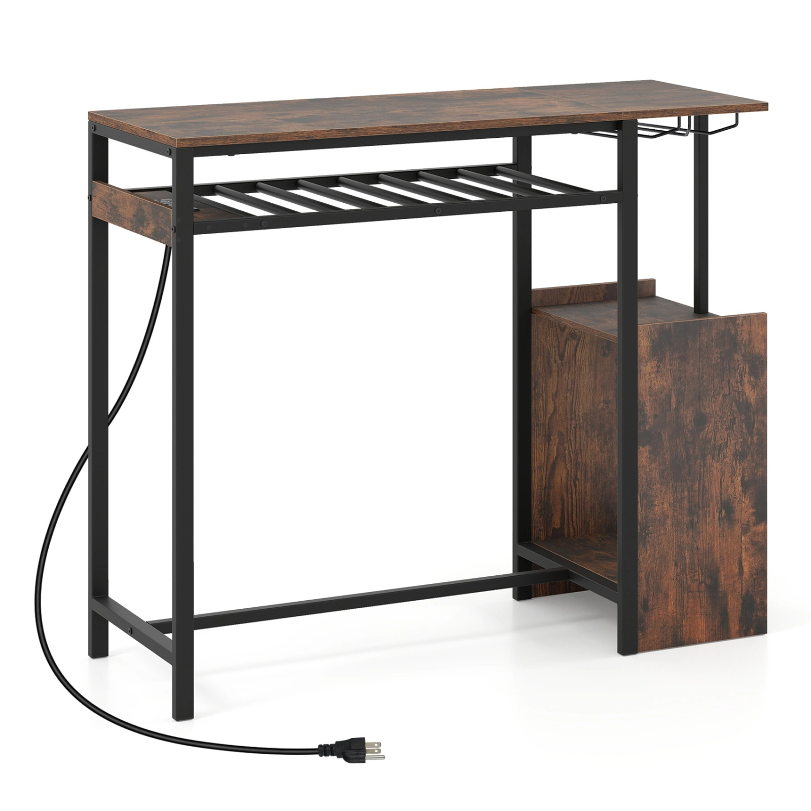 SUGIFT 43-In Counter-Height Pub Table, Rustic Brown, RGB LED Light, Charging Station and Wine Rack