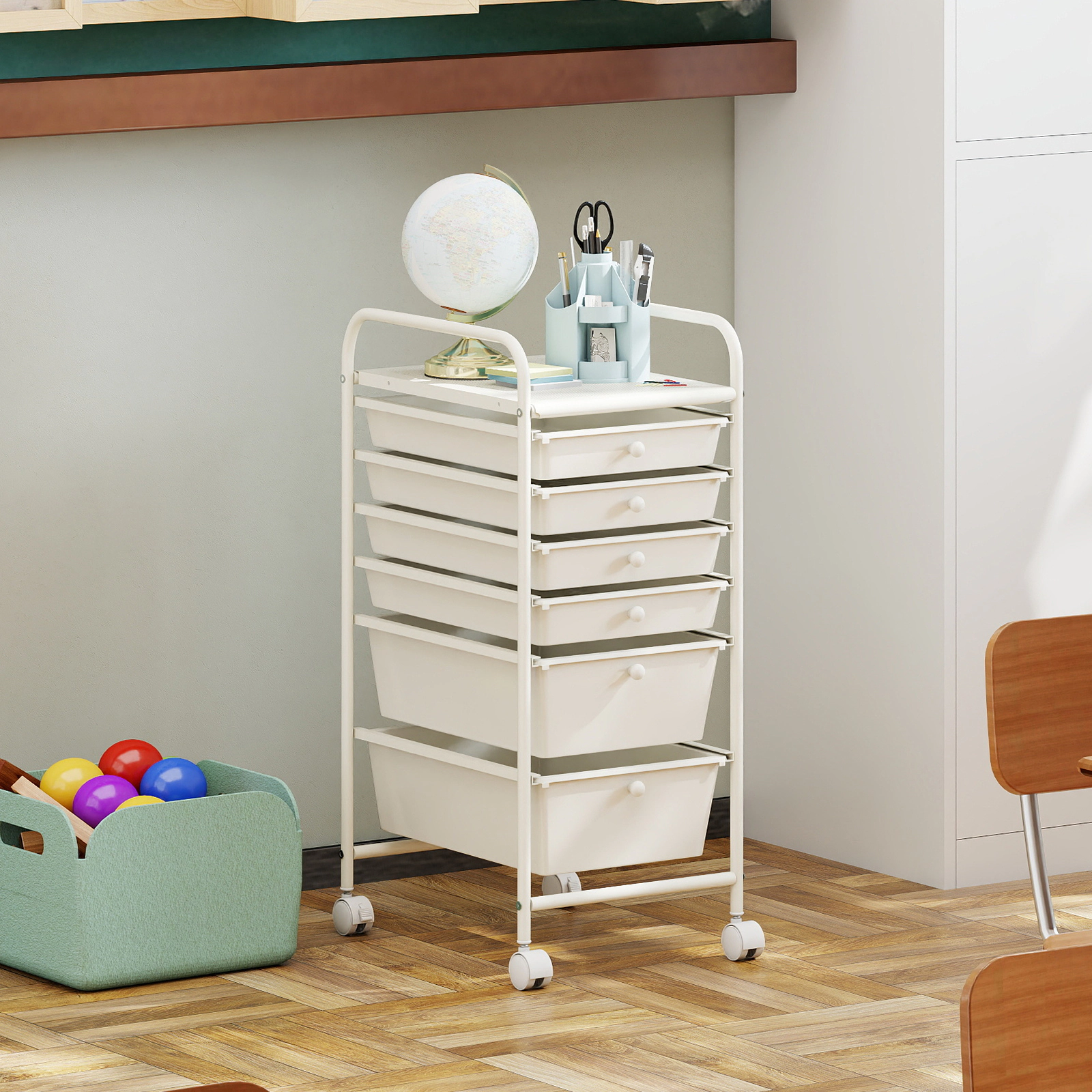 SUGIFT White 6-Drawer Rolling Storage Cart with Steel Frame and Braked Wheels 17-in W 13.5-in D 30-in H