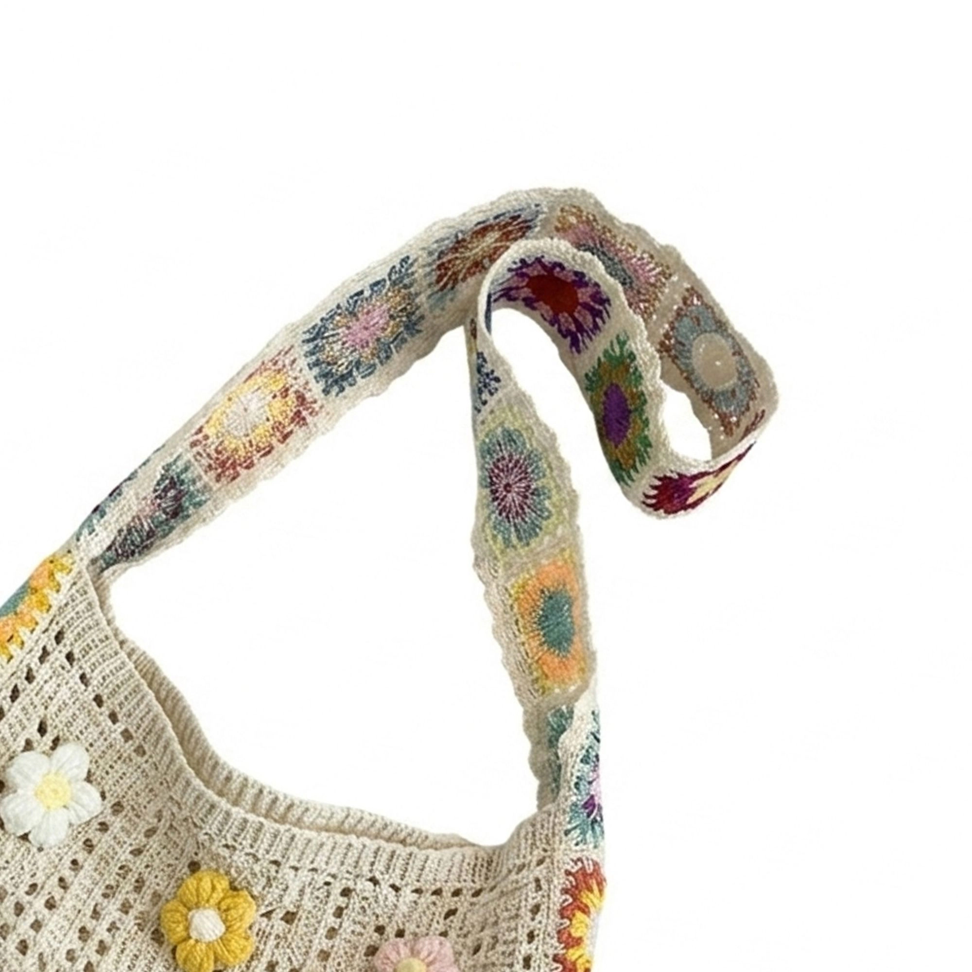 Alilang Women's Crochet Shoulder Bag with Flower Applique and Wide Strap, Beige