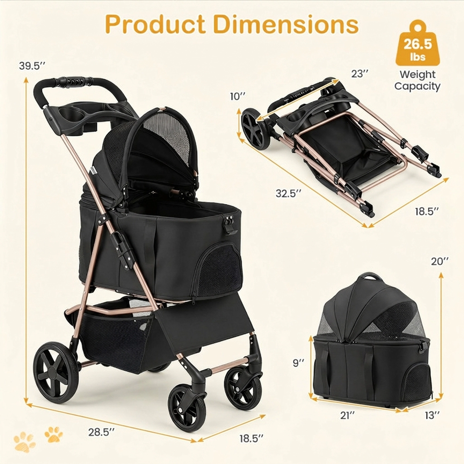 SUGIFT 3-in-1 Foldable Pet Stroller and Carrier 26.5-lb Capacity Black/Gray