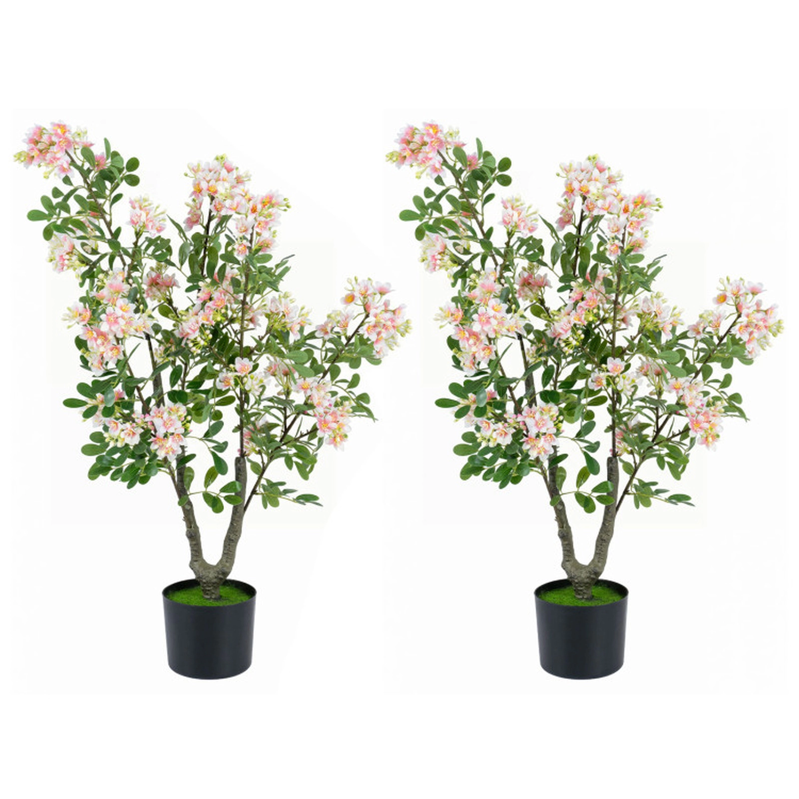 SUGIFT Set of 2 36-in Artificial Impatiens Trees with 210 Silk Flowers Mini Fruits and Cement Base Pink