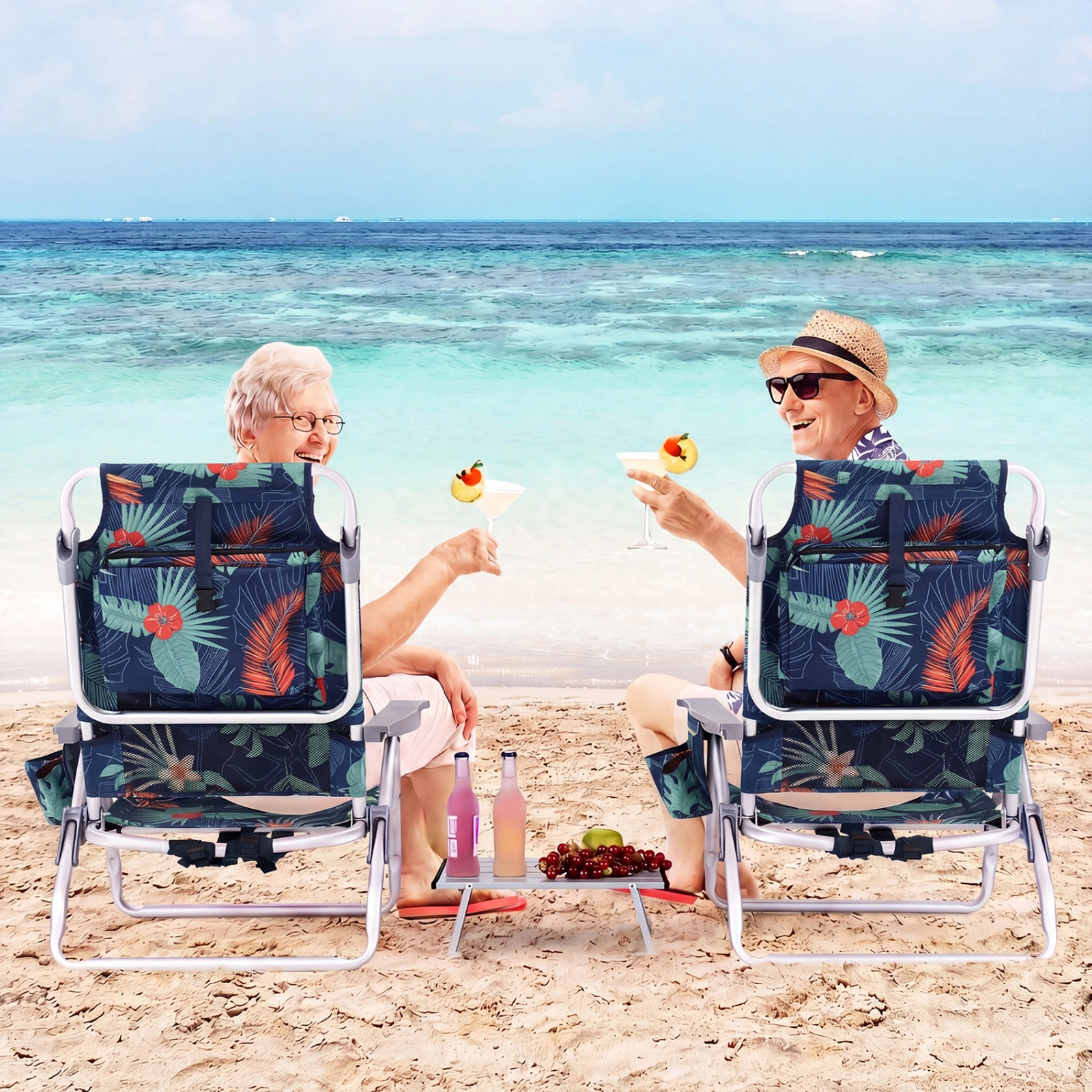 SUGIFT Set of 2 Folding Backpack Beach Chairs with Side Table and 5 Position Backrest