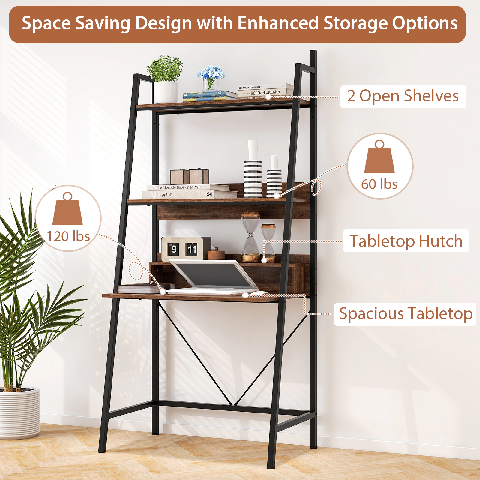 SUGIFT 71-in High Freestanding Laptop Desk with Open Shelves 34 x 20 x 71-in Frame 180-lb Capacity Rustic Brown + Black