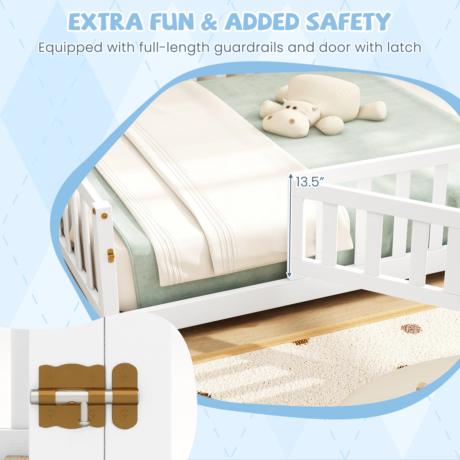 SUGIFT Low Floor Montessori Bed Frame Full-length Guardrails Safety Door 330-lb Capacity 78-in Wide Toddler Bed White