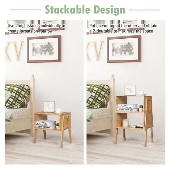 Hivvago Set of 2 Bamboo Side Tables with Storage Shelf – Versatile Nightstands for Sofa or Bedroom