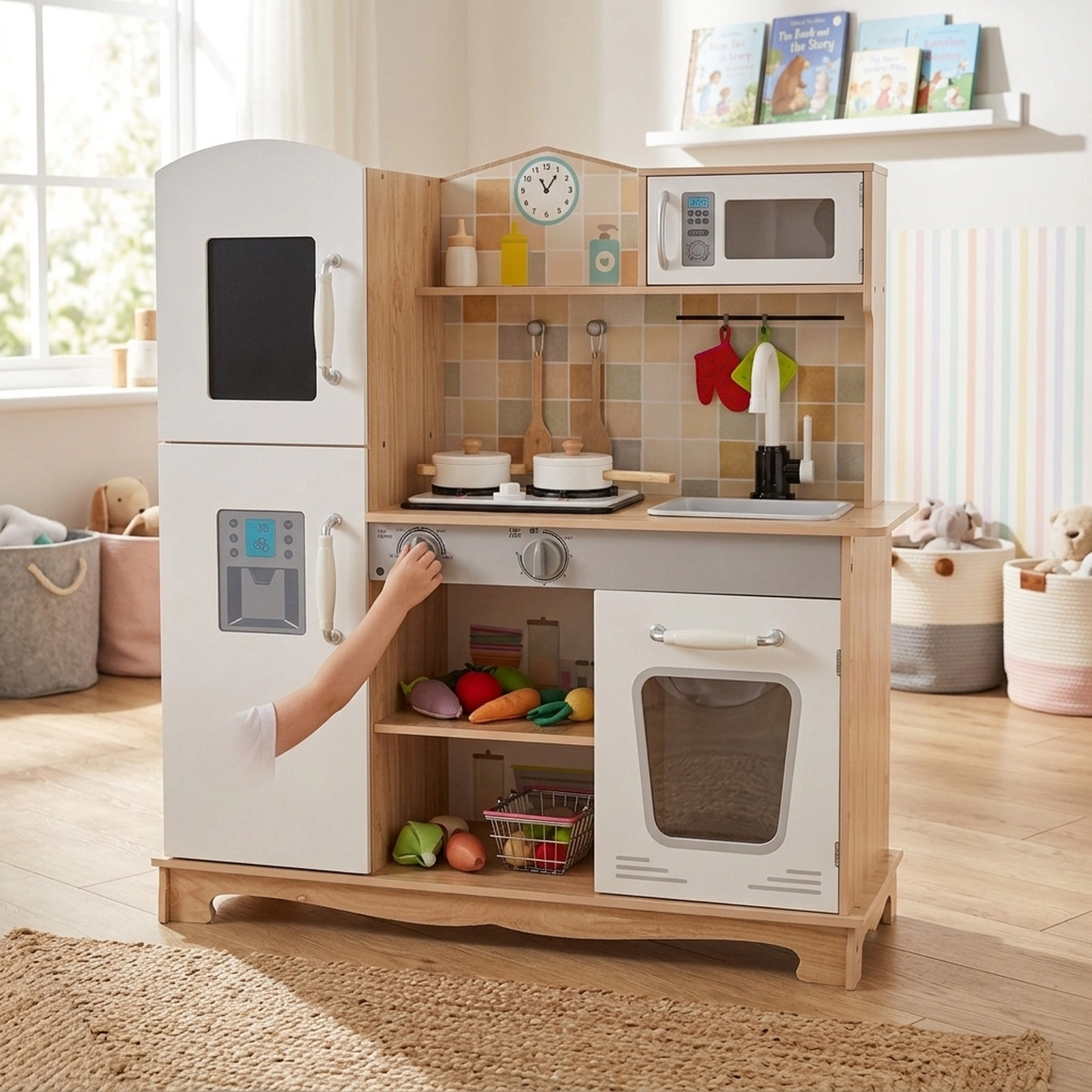 Wooden Play Kitchen Set for Kids Ages 3-7 with Rotating Faucet Oven Microwave and 5-pc Cookware 32-in x 11.5-in x 35-in