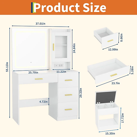 BebreezChic Vanity Desk with Mirror and Lights,Modern Makeup Dressing ...