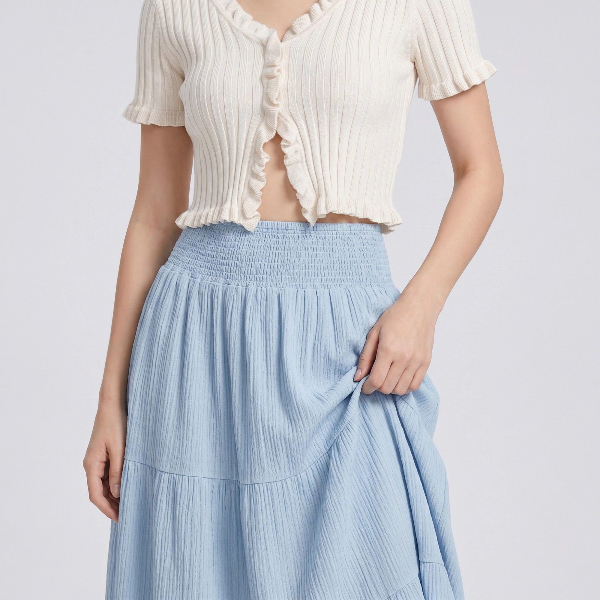 Anna-Kaci Women's High Waist Smocked Tiered Boho Textured Maxi Skirt