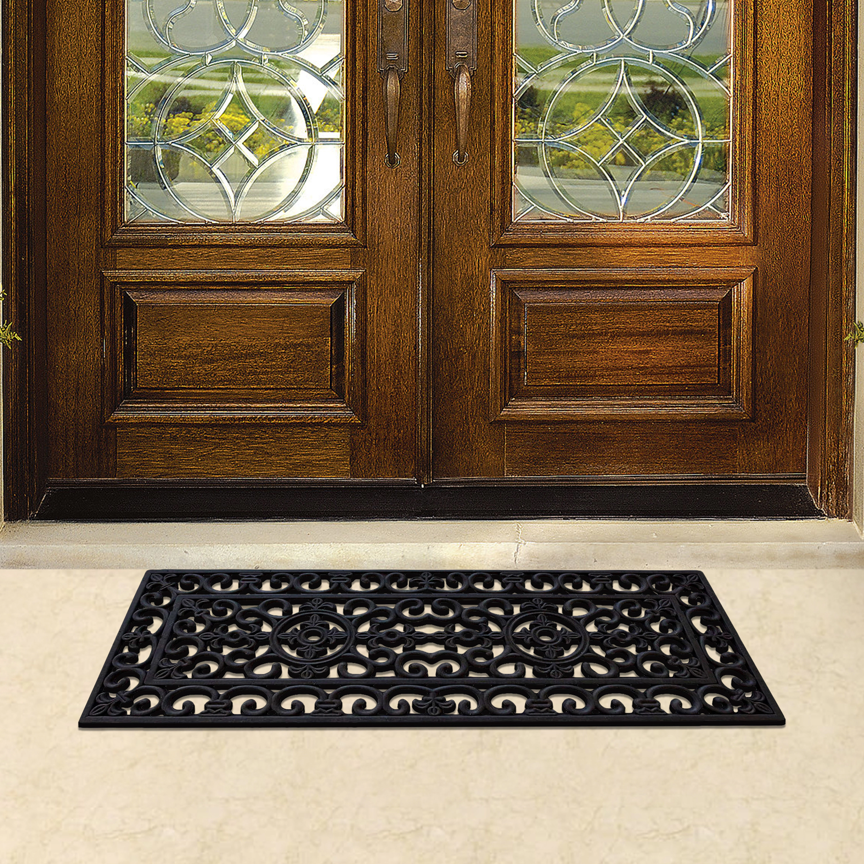 A1 Home Collection 8 lb Heavy Duty Rubber Outdoor Doormat Non-Slip Dirt Scraper Mat, Black Paisley, 18 x 48 Inches
