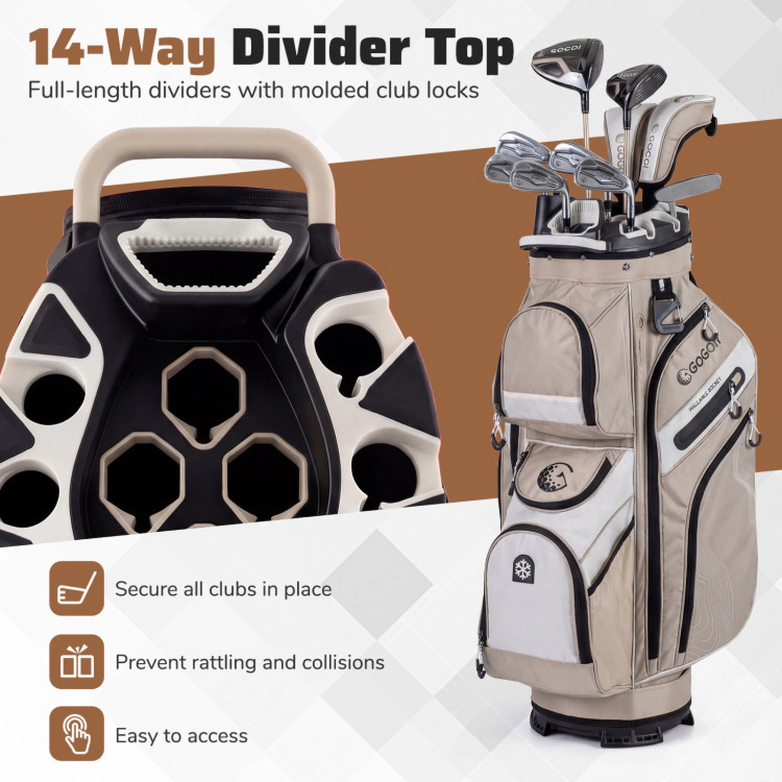 SUGIFT Khaki Golf Cart Bag with 14-Way Full Length Dividers and 11 Pockets 35.5-in H 13.5-in W 10.5-in D
