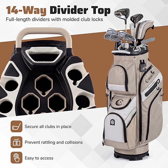 SUGIFT Khaki Golf Cart Bag with 14-Way Full Length Dividers and 11 Pockets 35.5-in H 13.5-in W 10.5-in D