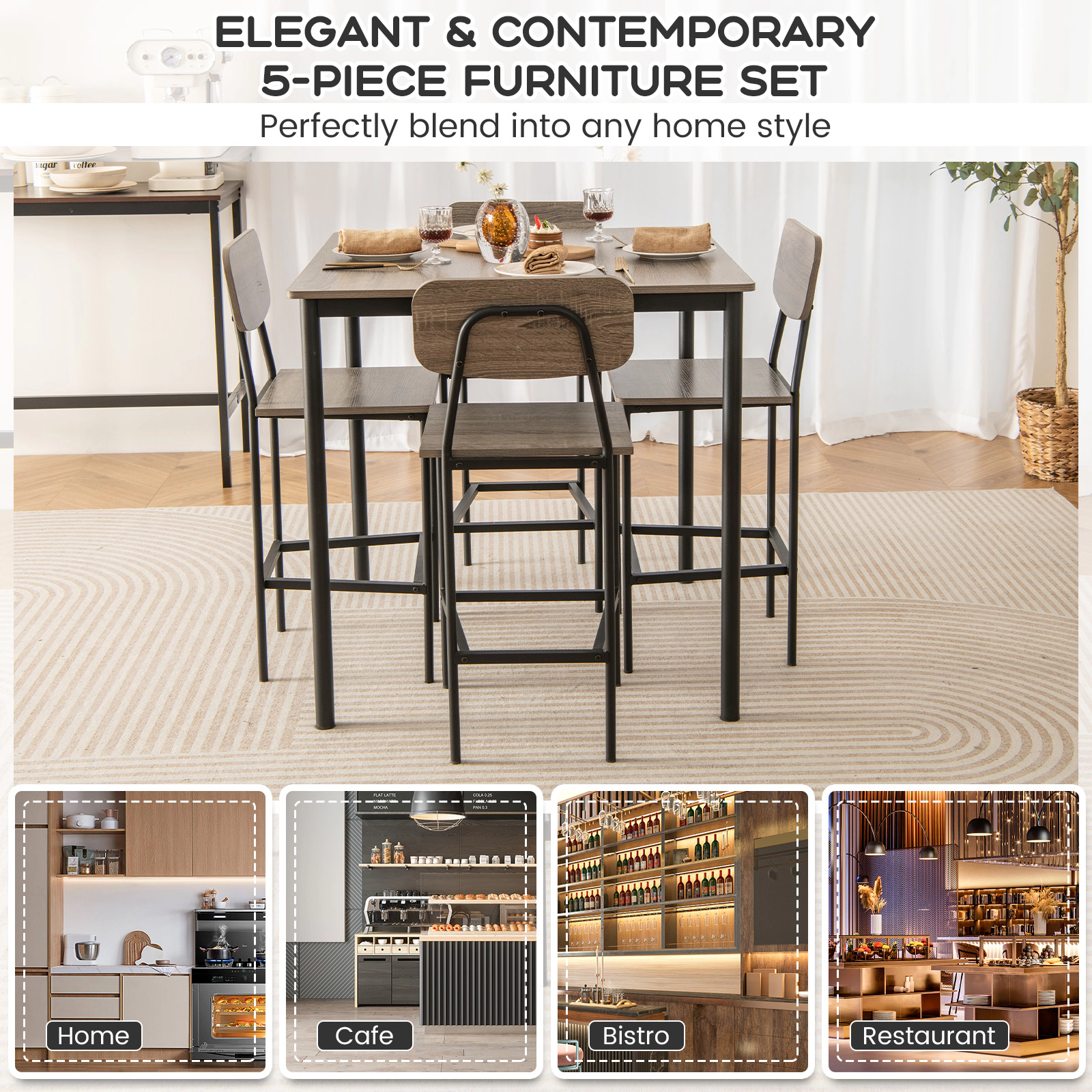 SUGIFT Gray 4 Backless Stools 36-in Square 5-Piece Counter Height Bar Table Set