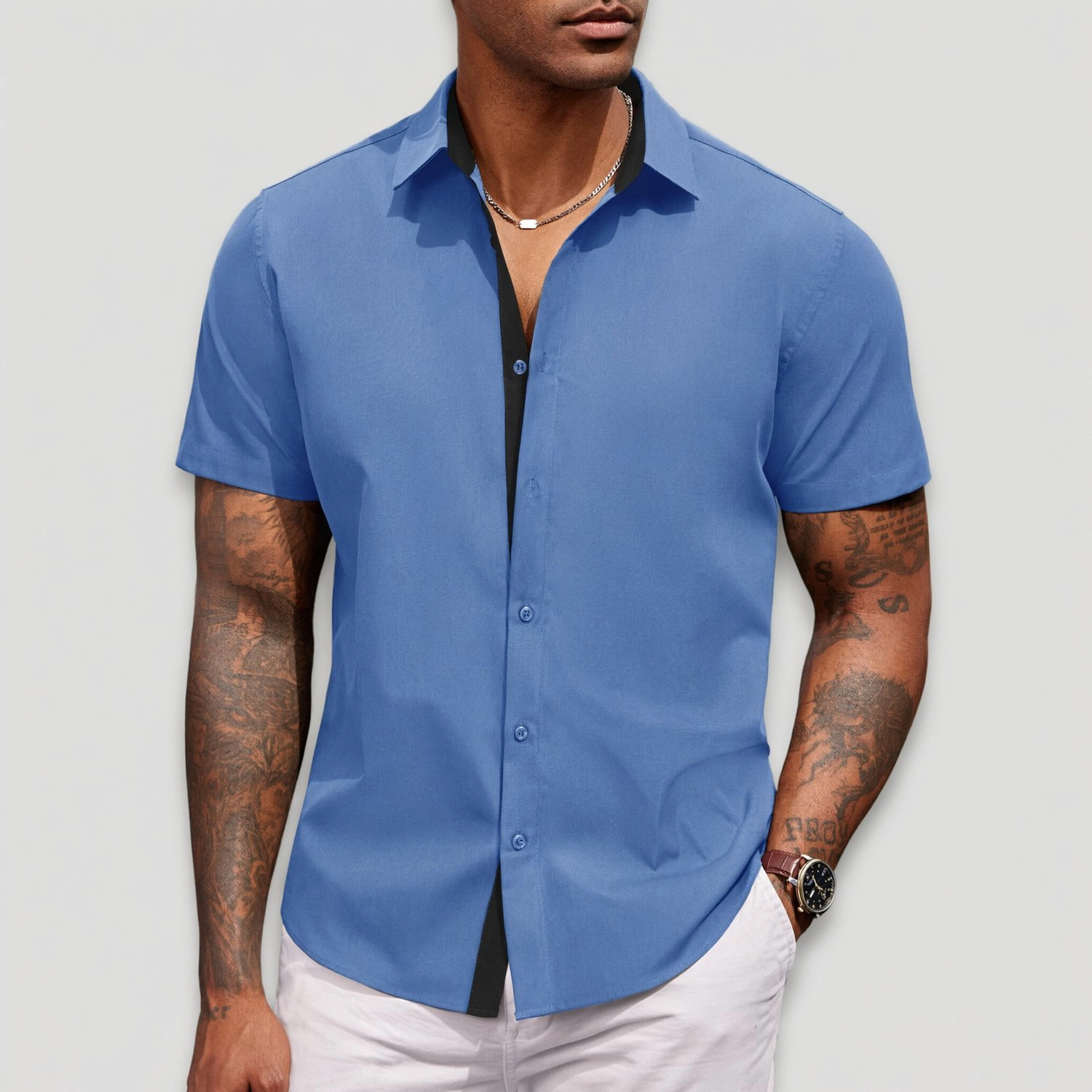 COOFANDY Mens Short Sleeve Button Down Shirts Contrast Collar Casual  Tops