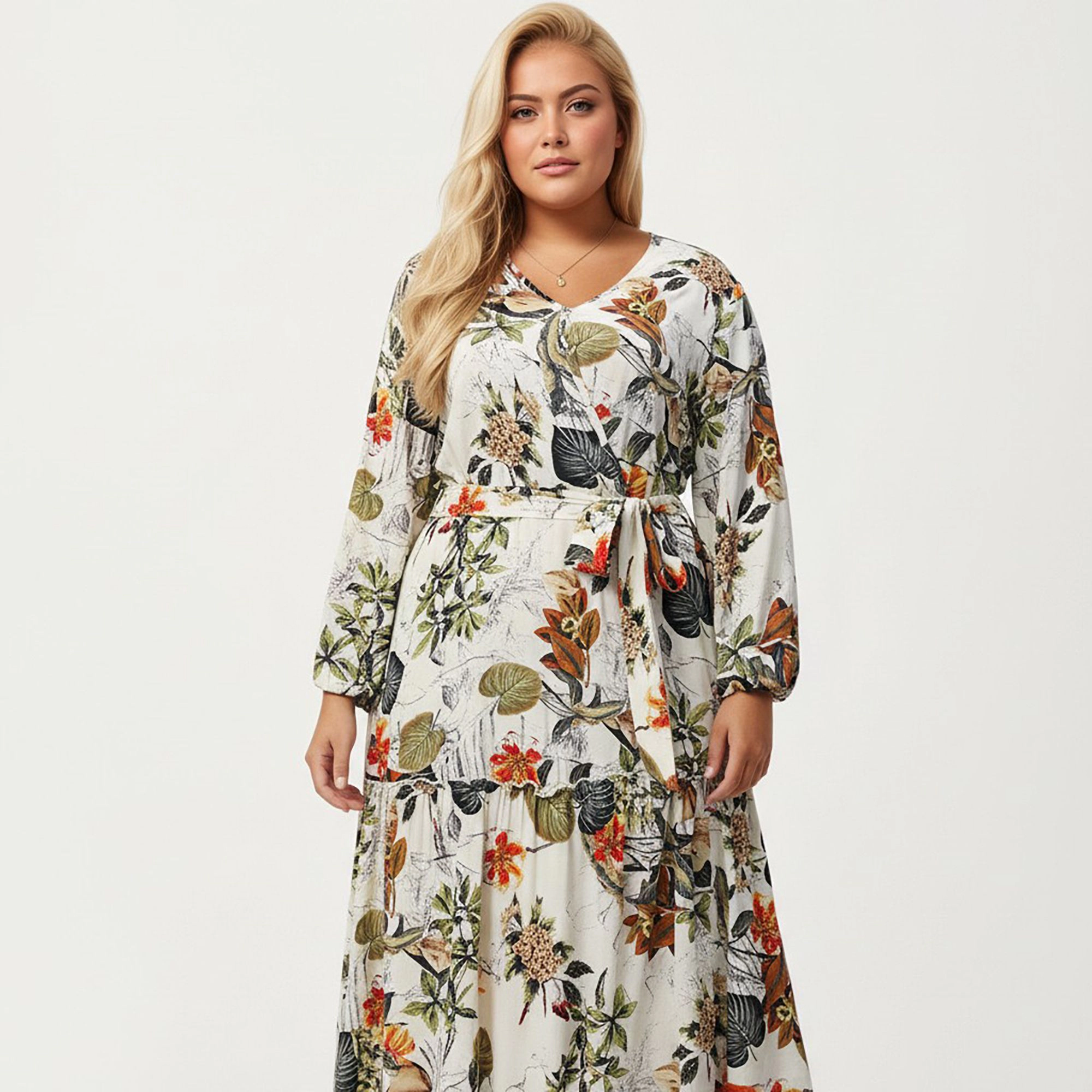 Anna-Kaci Women's Plus Floral Print Long Sleeve V Neck Waist Tie Tiered Skirt Midi Dress