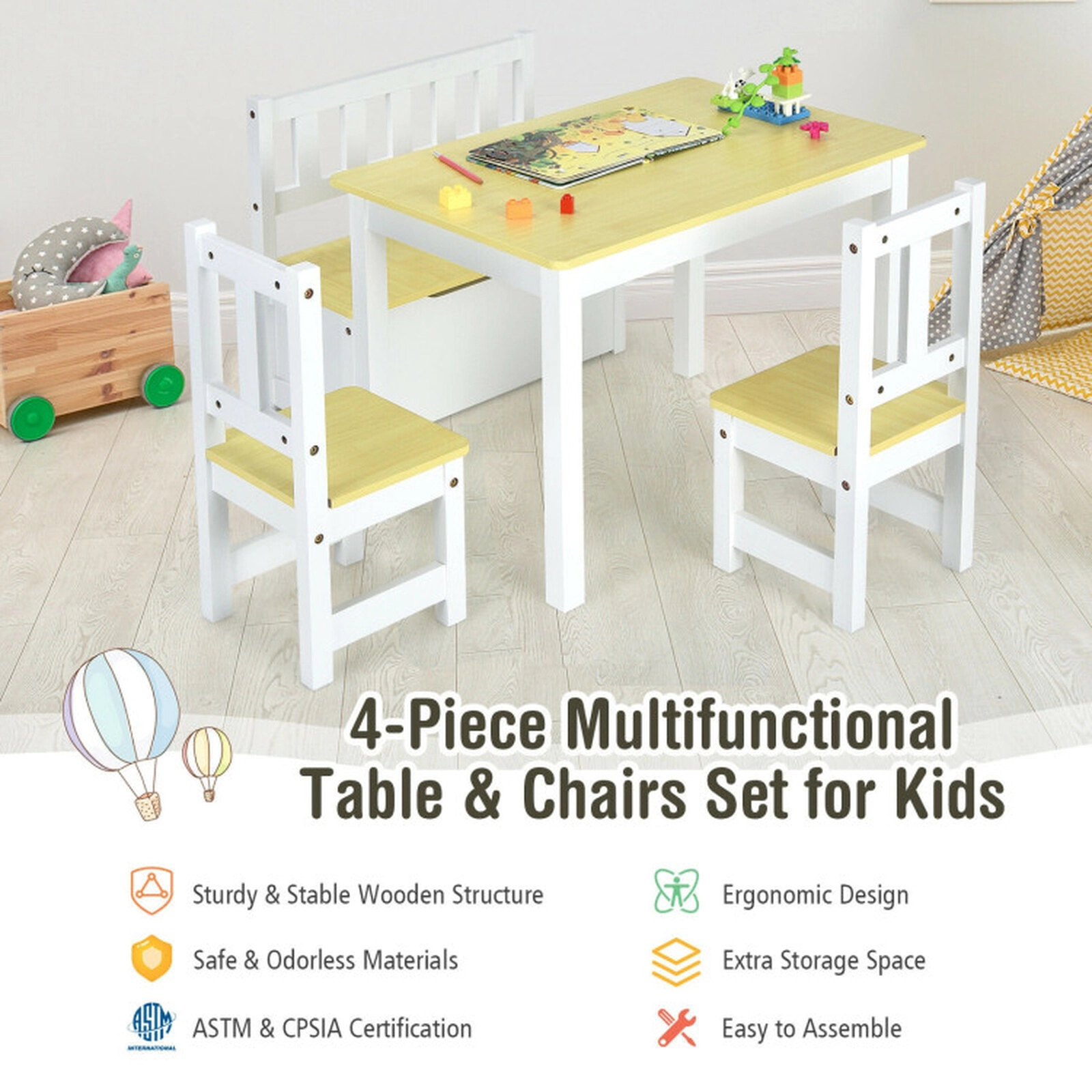SUGIFT 4-Piece Kids Wooden Activity Table and Chairs Set with Storage Bench 110-lb Capacity Ages 3-5 Gray/Natural