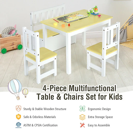 SUGIFT 4-Piece Kids Wooden Activity Table and Chairs Set with Storage Bench 110-lb Capacity Ages 3-5 Gray/Natural