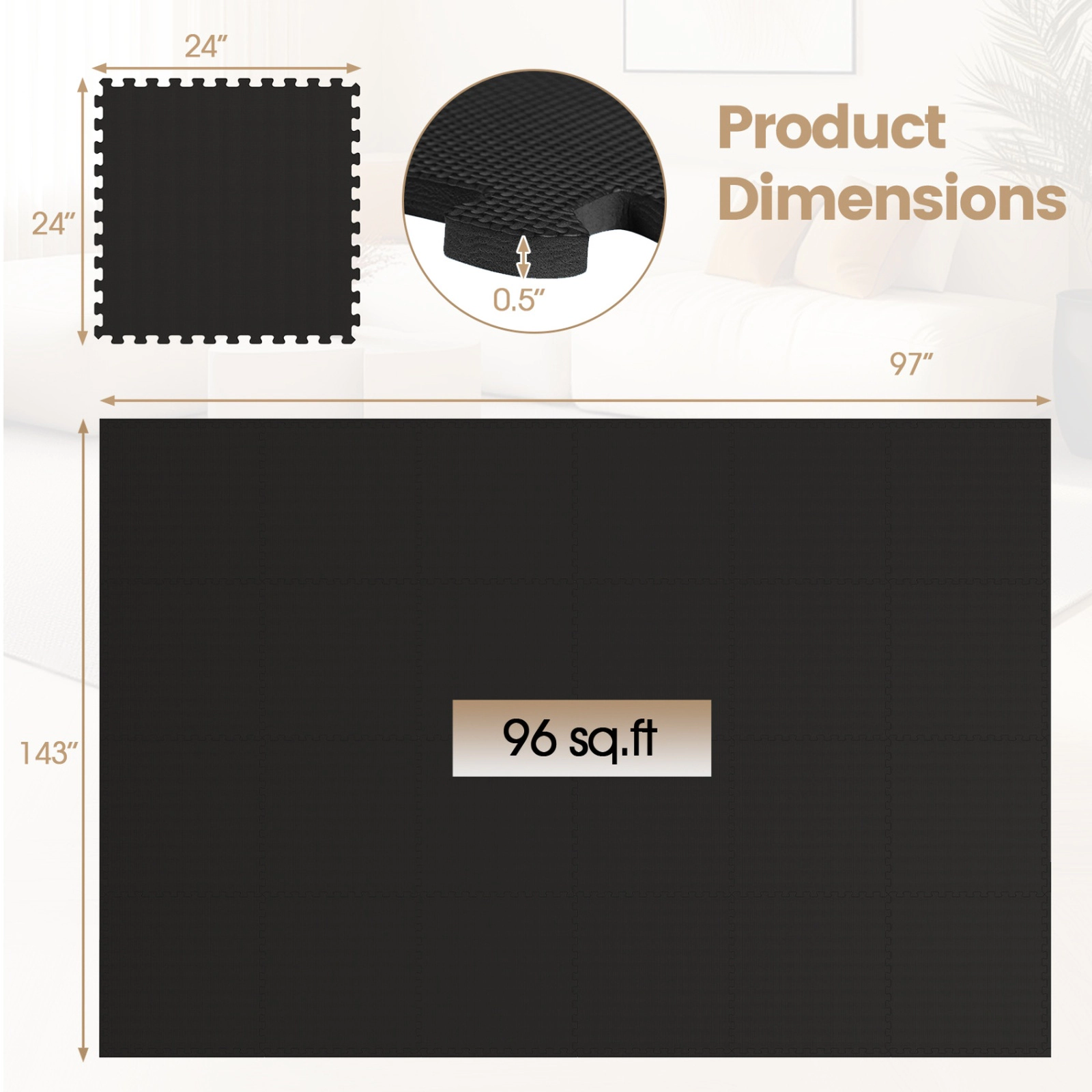 SUGIFT 24-Pack 24-in Square 0.5-in Thick Non-Slip Interlocking EVA Foam Floor Tiles with 20 Borders
