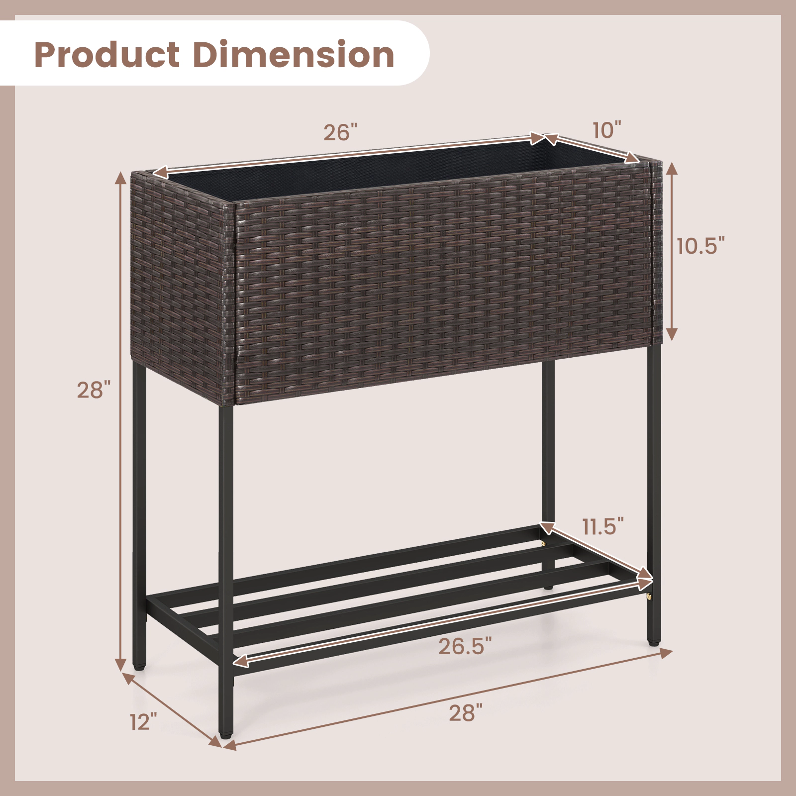 Hivvago Wicker Raised Garden Bed with Storage Shelf and Removable Liner for Flowers