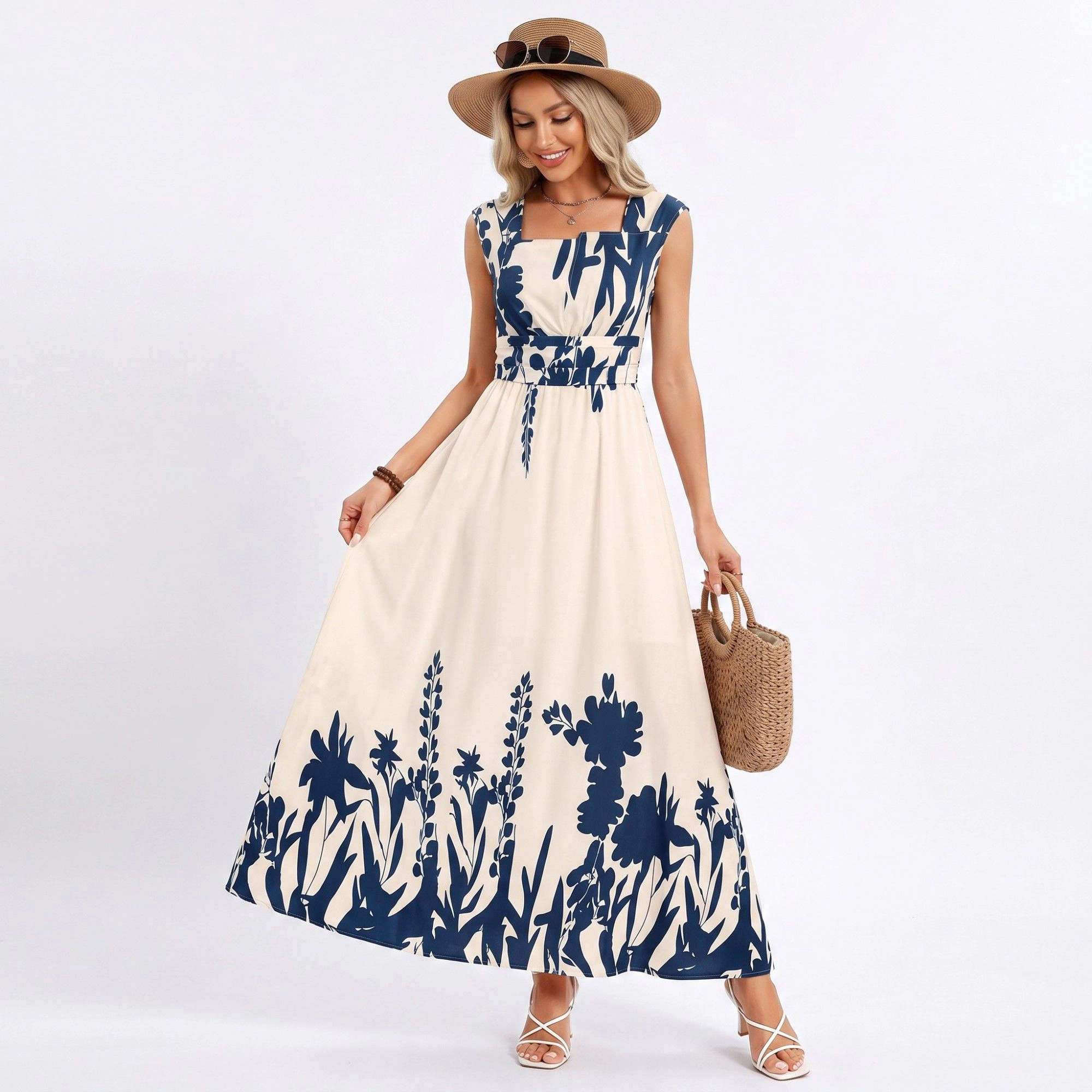 Anna-Kaci Women's Border Print Square Neck Sleeveless A-Line Maxi Dress
