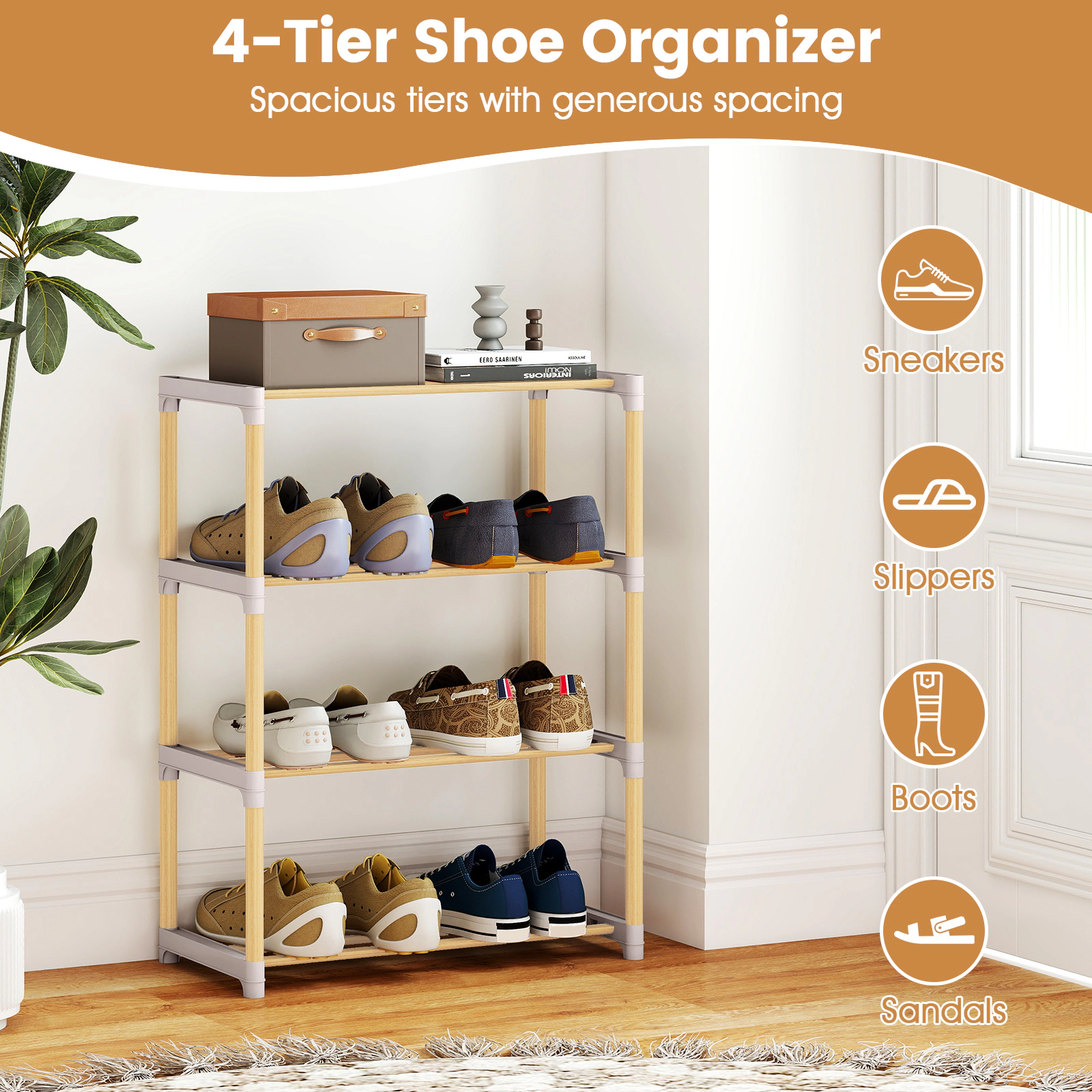 Glintex 4-Tier Pine Wood Shoe Rack with Slatted Shelves and Tool-Free Setup, Gray