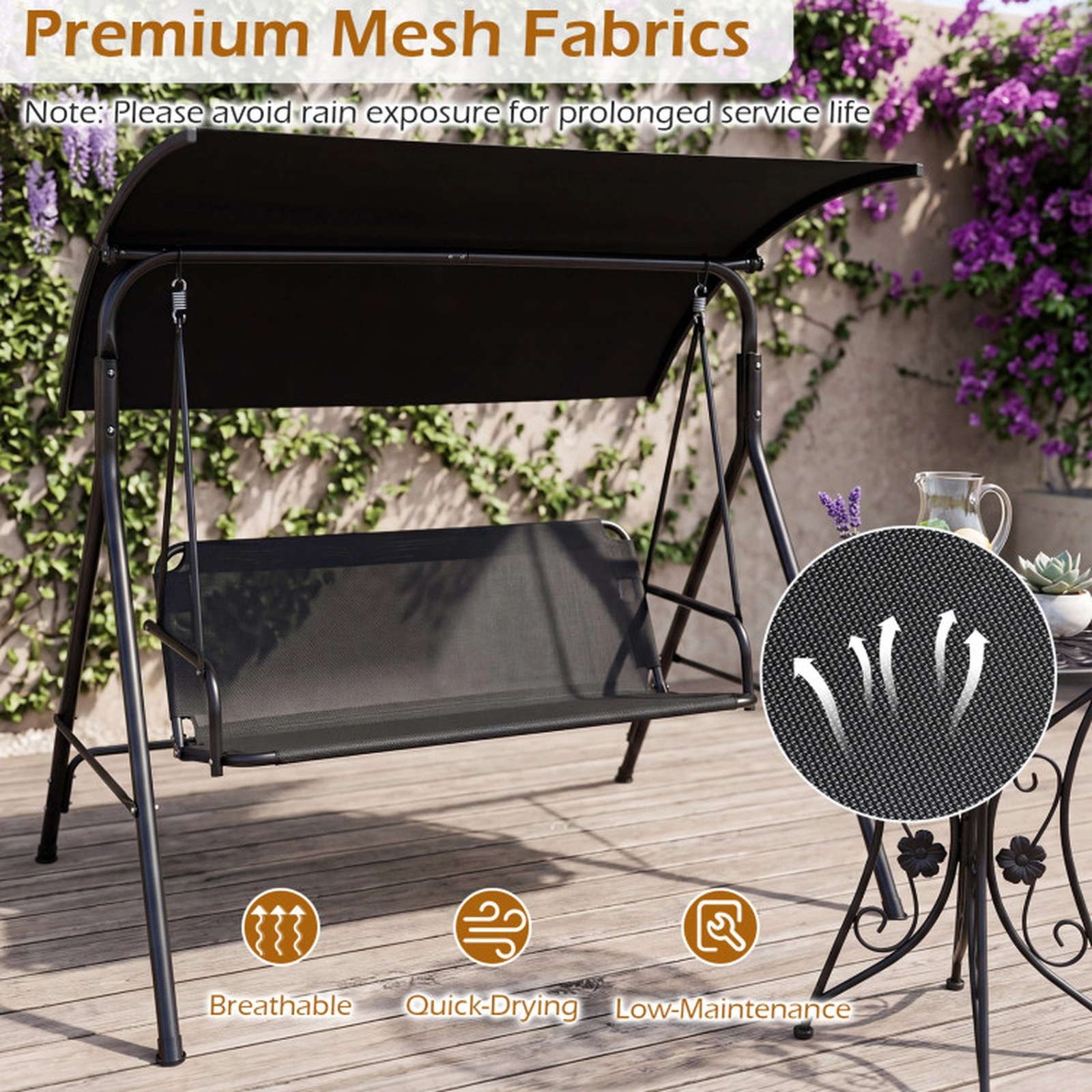SUGIFT 3-Seat Outdoor Patio Swing Chair with Adjustable Canopy 800-lb Capacity Breathable Mesh Fabric Beige/Black