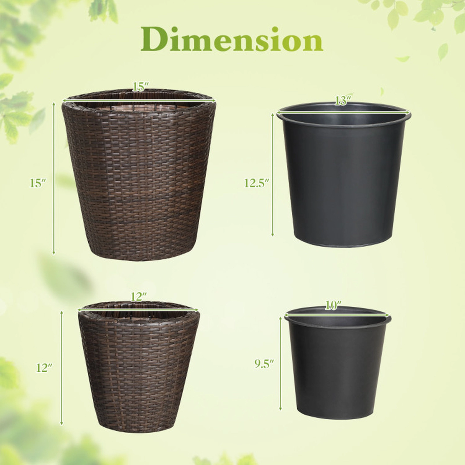 SUGIFT Set of 2 Brown Tapered Rattan Style Planters with Removable Inner Pots 15-in W 15-in D 15-in H