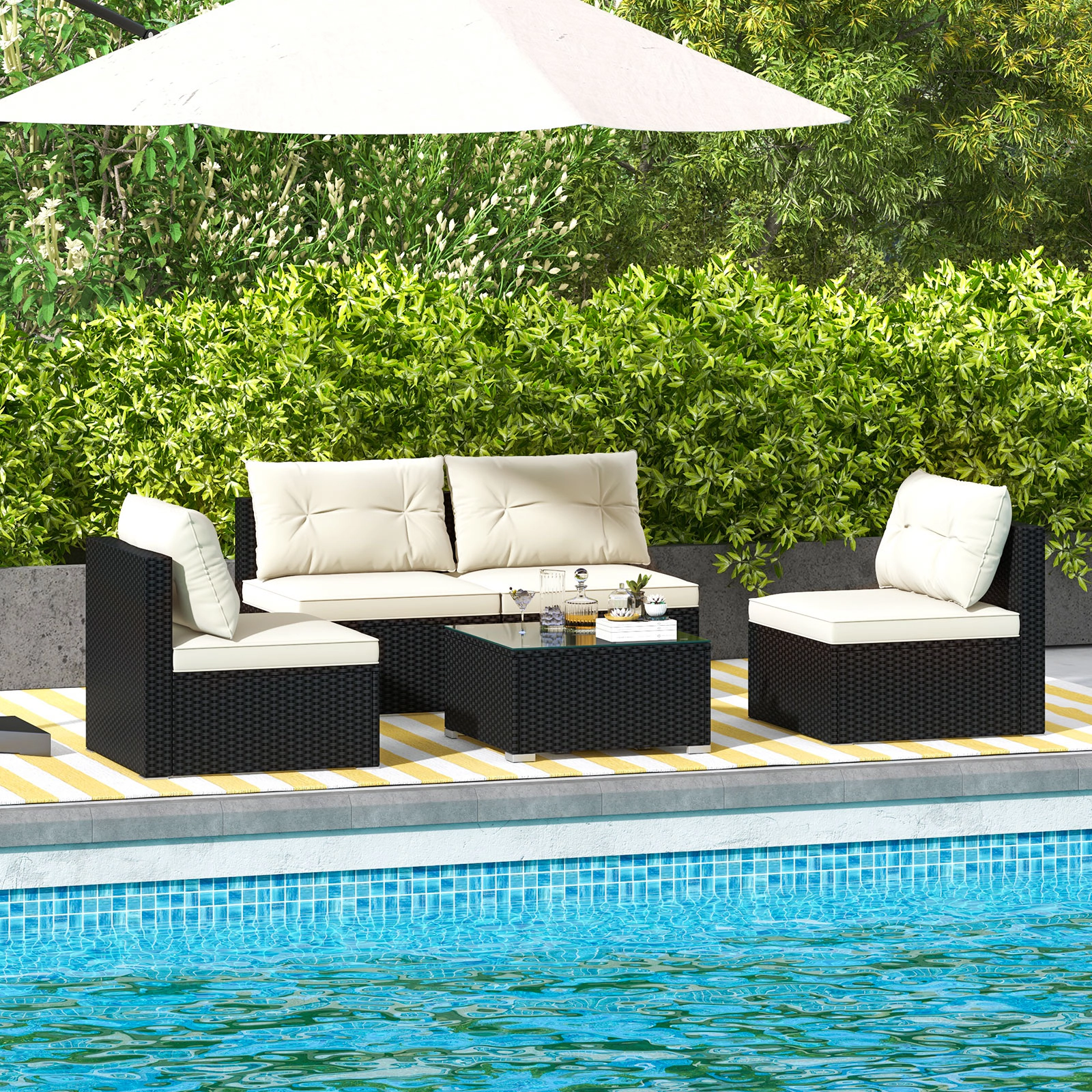 SUGIFT 5-Piece Outdoor Sectional Patio Furniture Set Cushions & Coffee Table 400-lb Chair Capacity Black & Off White