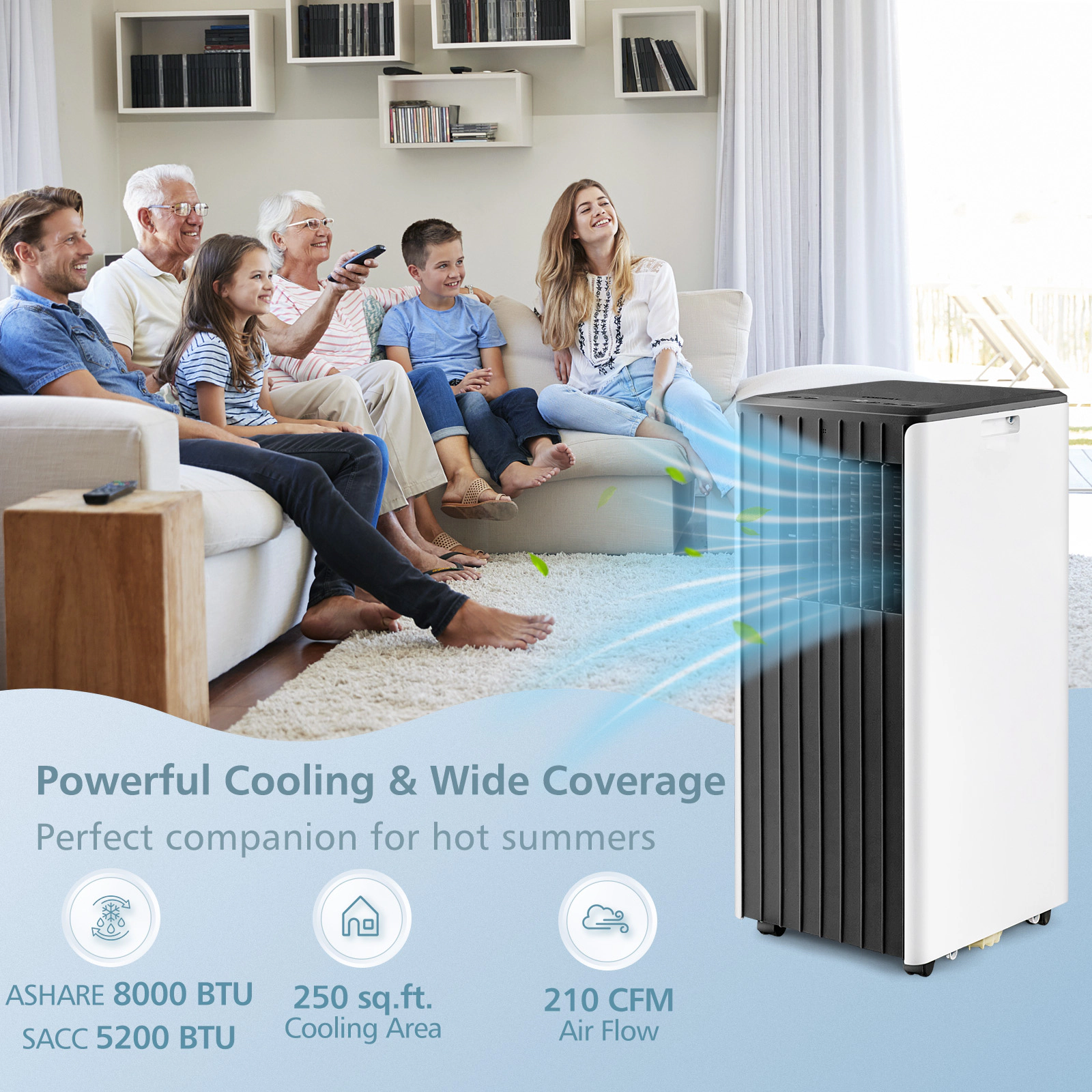 SlickBlue 8000 BTU Portable Air Conditioner with 3 Modes and Remote